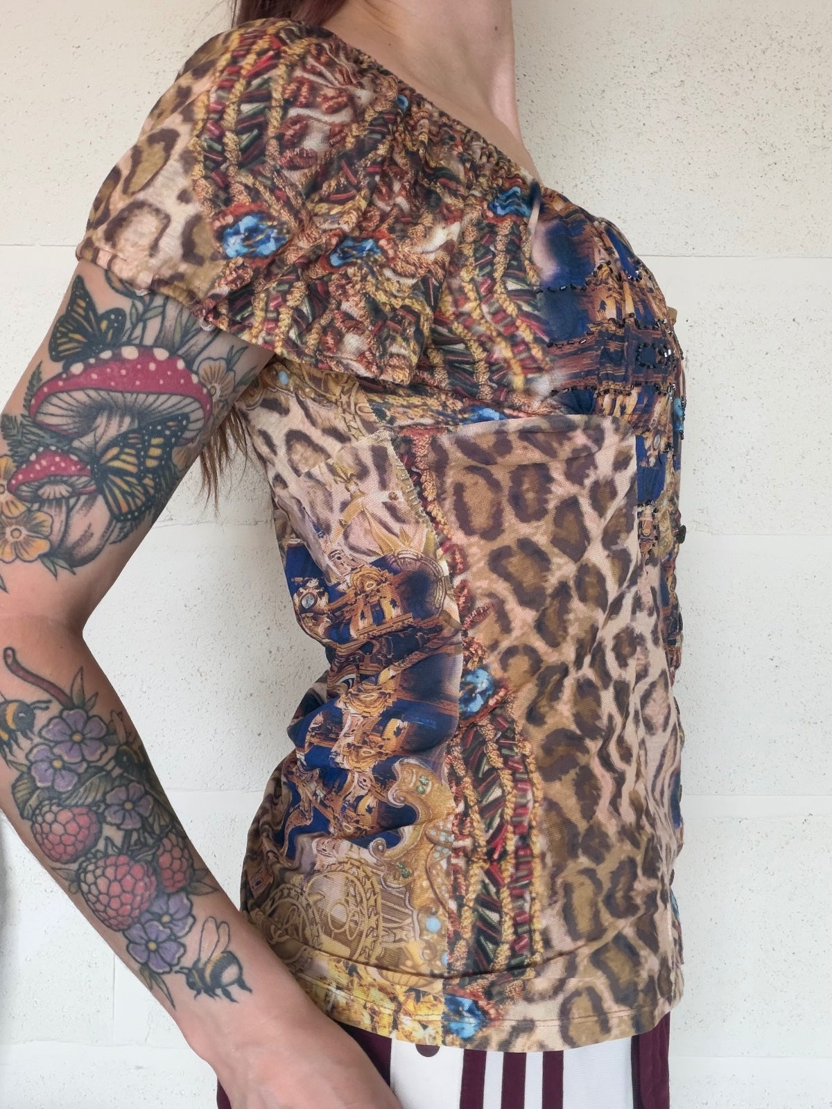 Vintage Y2k beaded top Alberto Makali Short Sleeve animal print button tshirt L