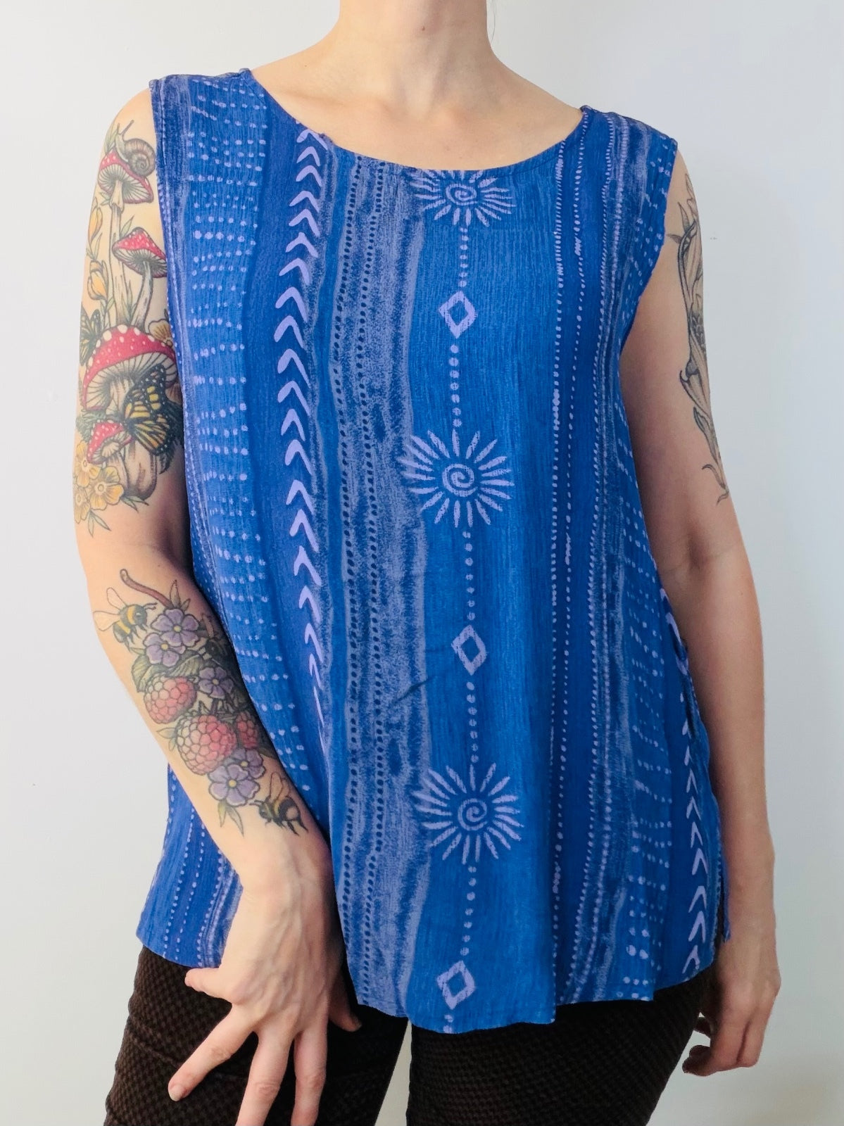 Vintage 1990s Vest Top Blue Sleeveless Patterned Summer Blouse by Dash Size 12