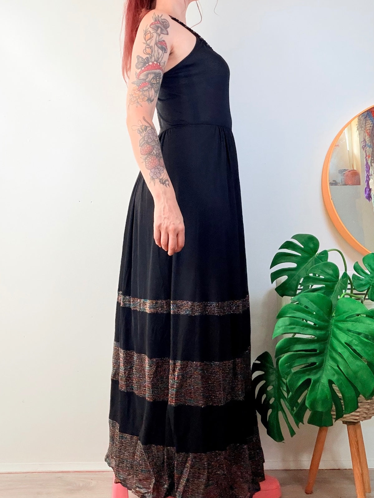 Vintage 1970s Maxi Dress Black Retro Party Dress with Glitter Stripes Size 10