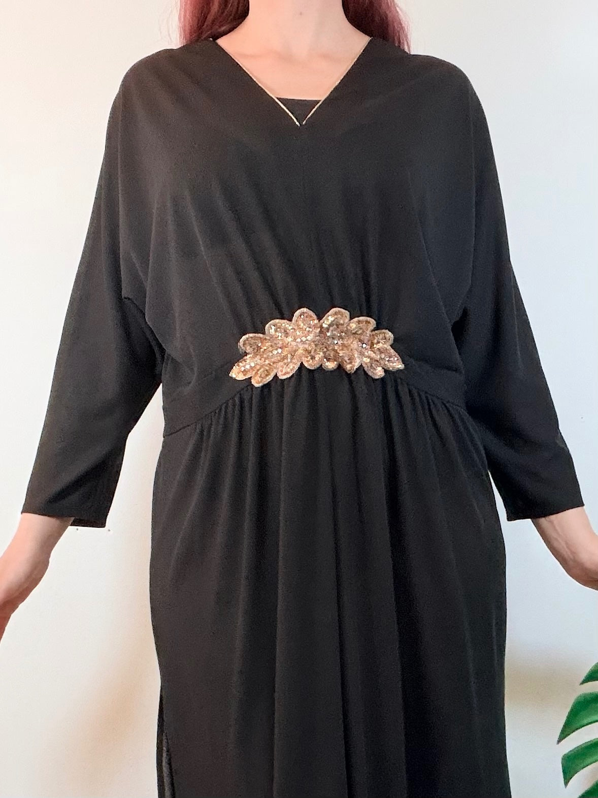 Vintage 1980s Maxi Dress with Gold Sequin Waist Detail and Side Slit Size 18 20