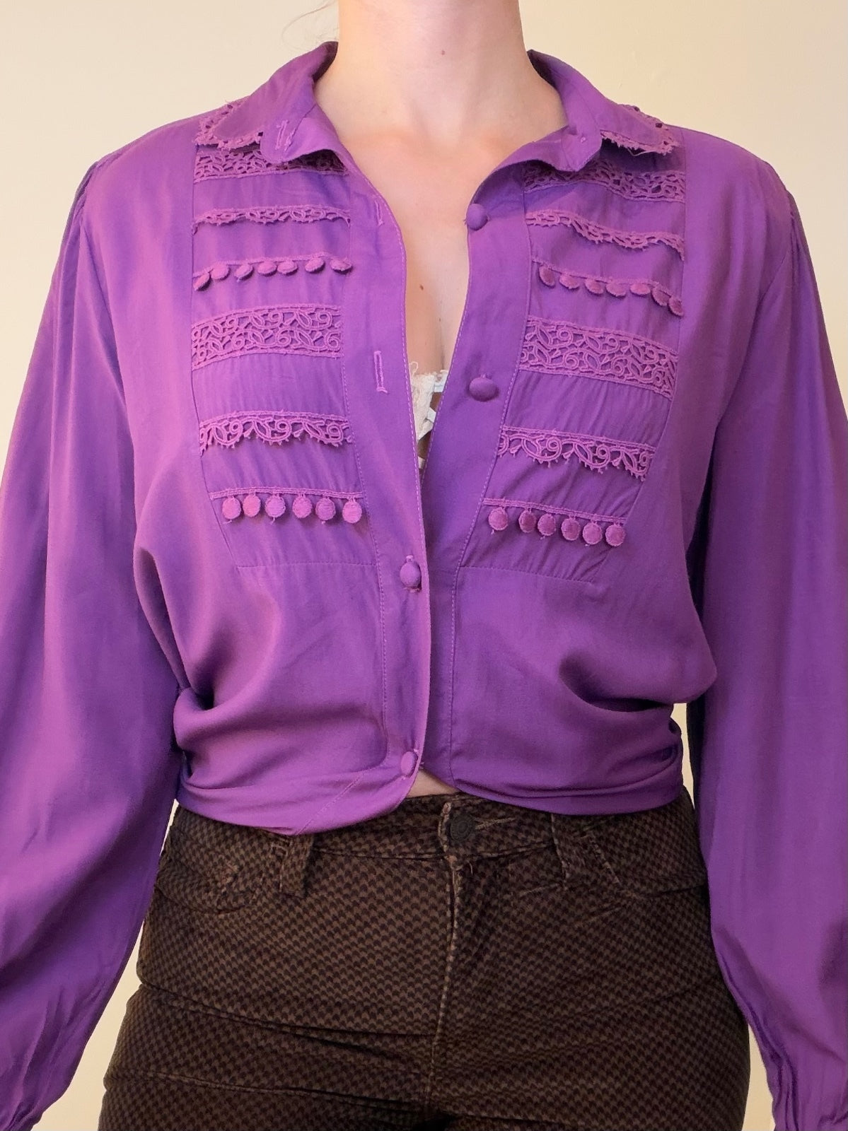 Vintage Long Sleeve oversized Blouse with Lace and Pom Pom Detailing Purple 12