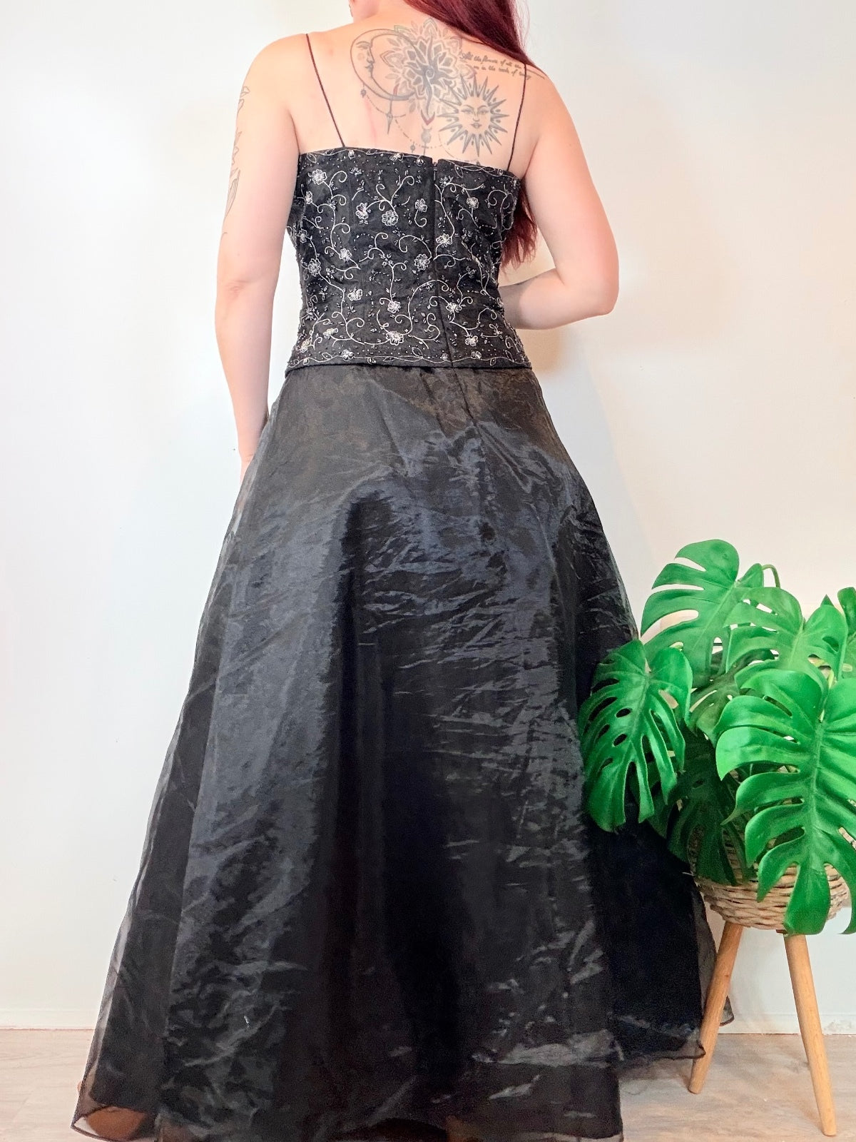 Vintage 1990s Strapless Prom Dress Embroidered Bodice and Flowing Skirt Size 14