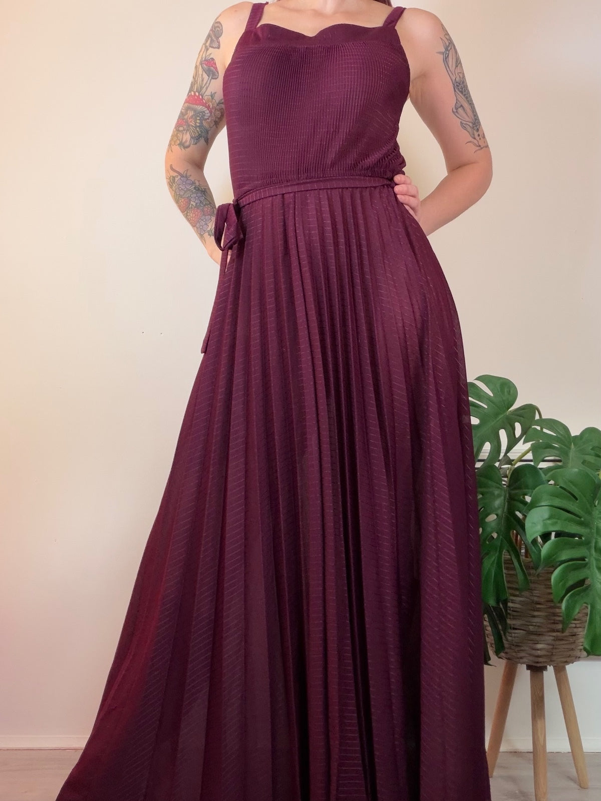 Vintage 1070s Maxi Dress Sheer Burgundy long Dress with Pleated Skirt Size 12 14