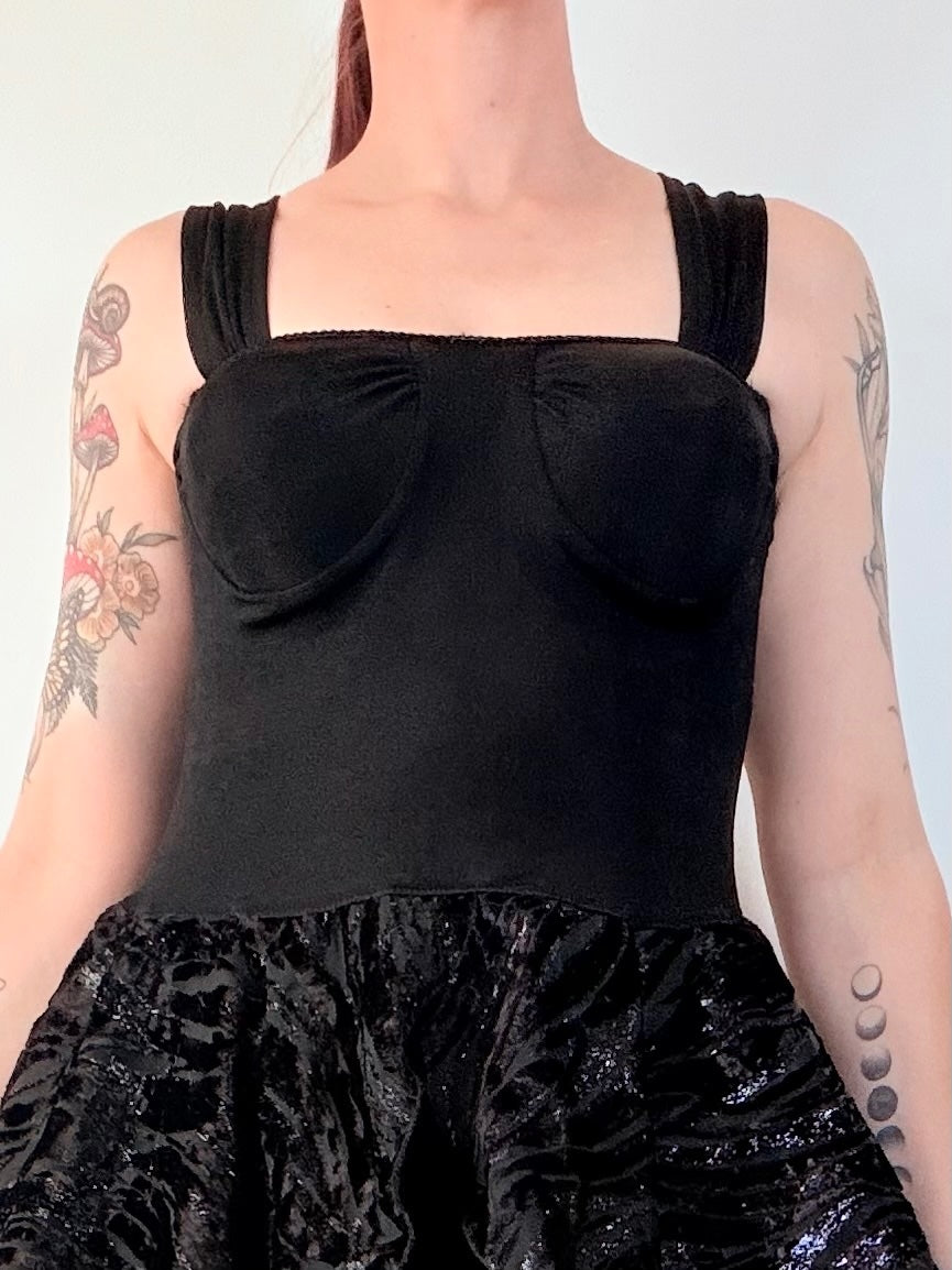 Vintage 1980s Party Dress Black Velvet & Satin Babydoll Moulded Cup Bust Size 12