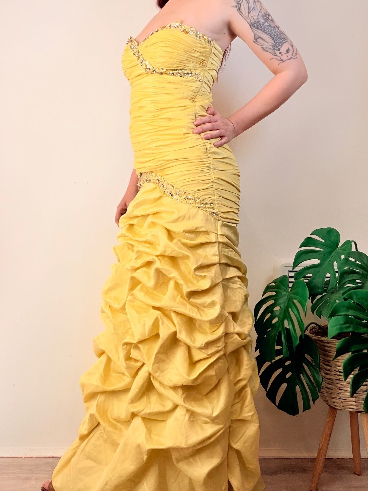 Vintage Evening Gown with Embellishments Yellow Strapless Ruffled Size 10
