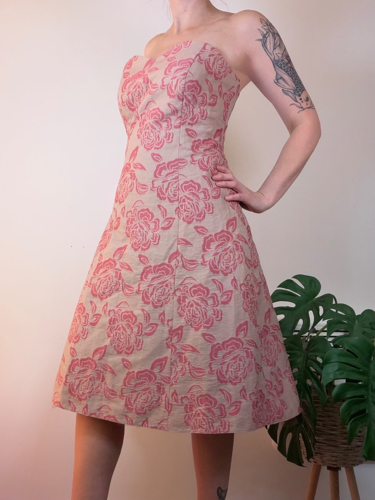 Strapless Floral Midi Dress with Pink Roses on Beige By Roman Size 14