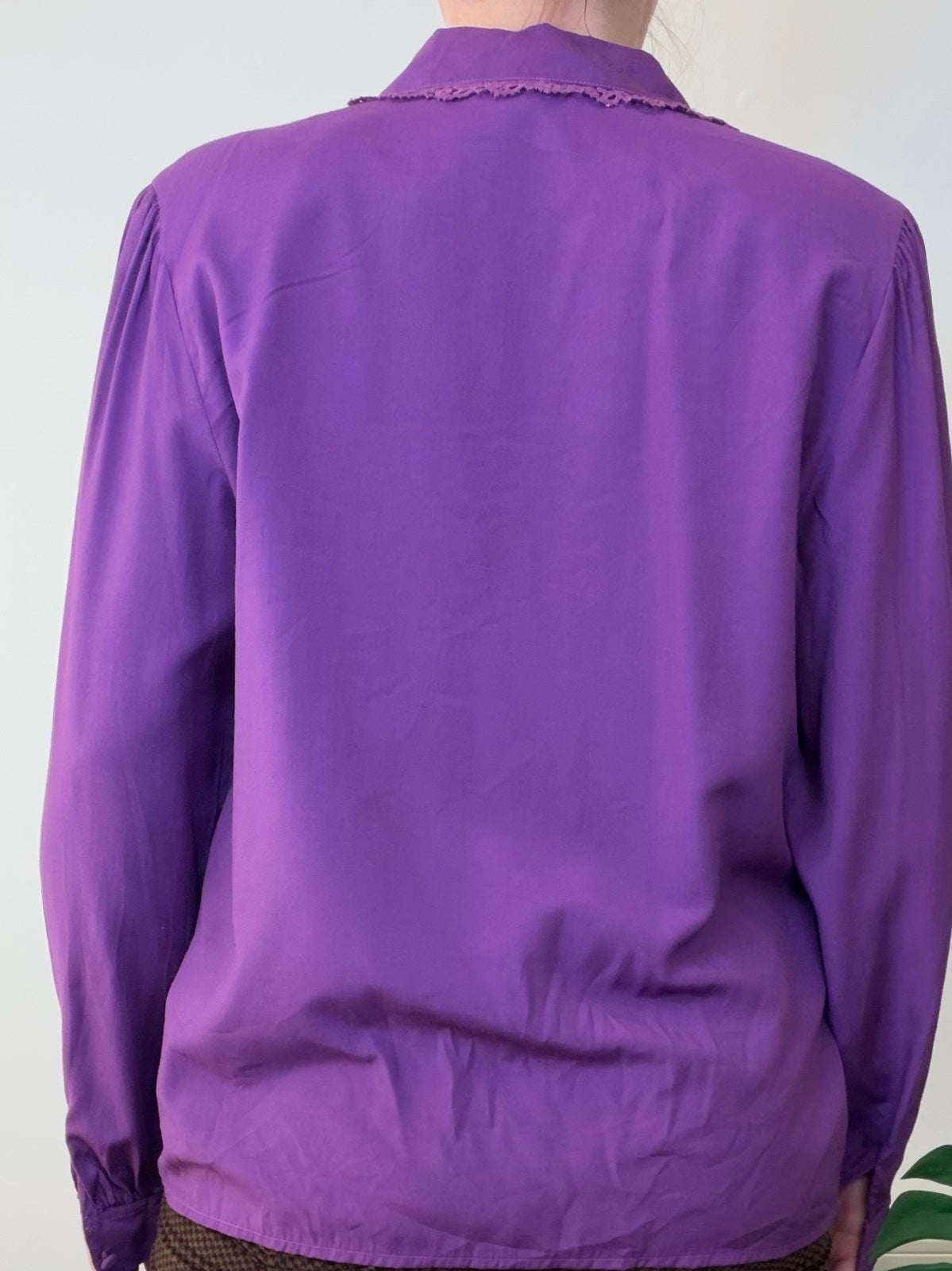 Vintage Long Sleeve oversized Blouse with Lace and Pom Pom Detailing Purple 12