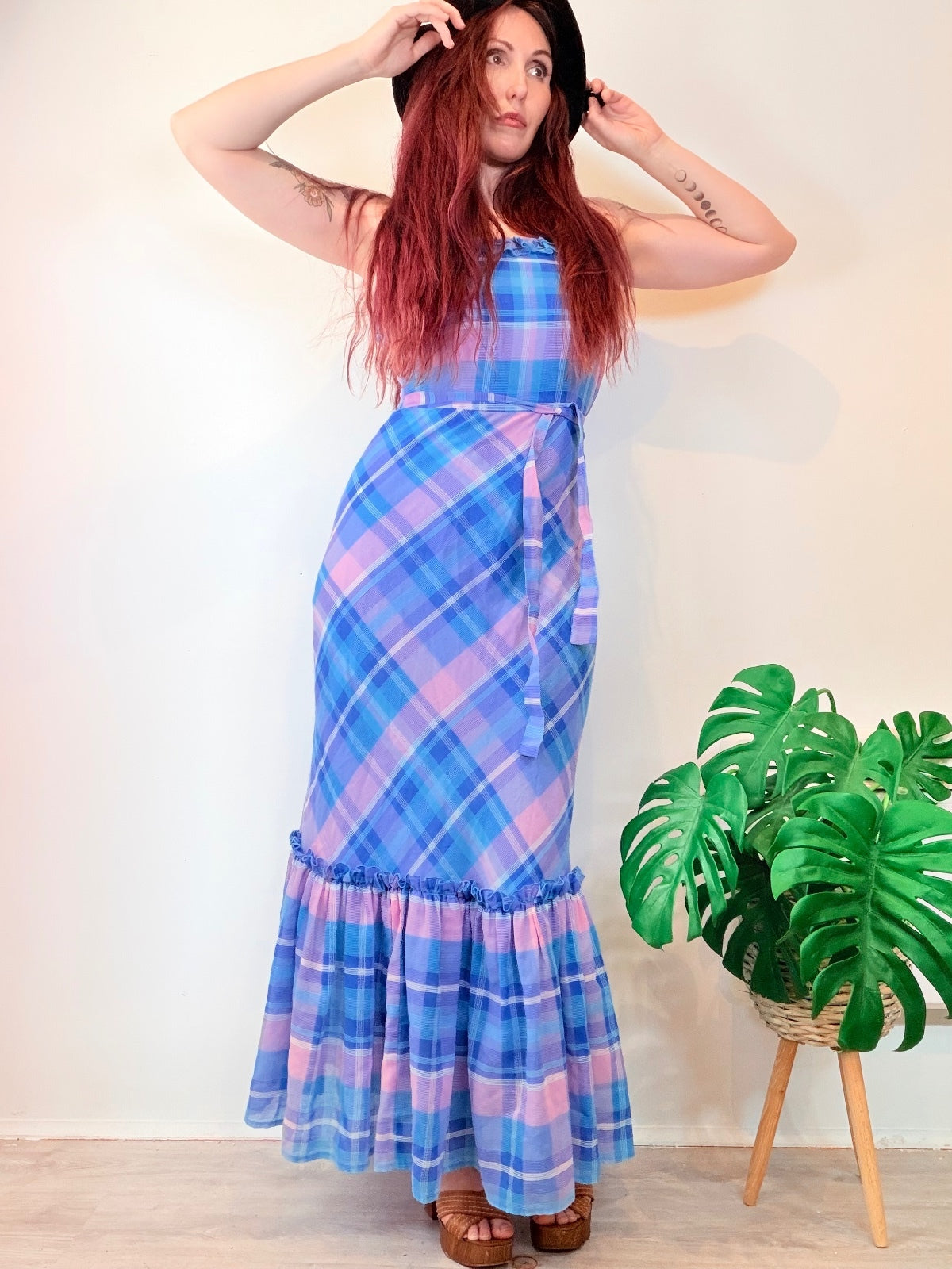 Vintage 1960s Prairie Dress Blue Pink Plaid Maxi Dress with Ruffles size 8 10