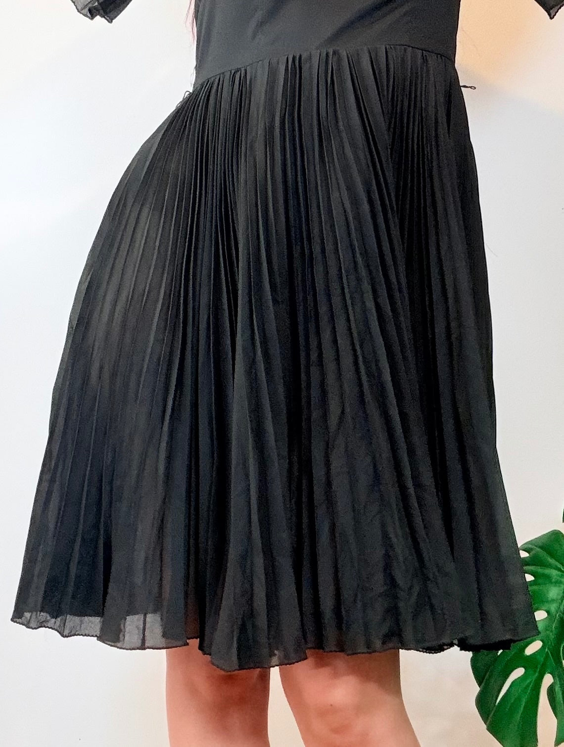 Vintage Day Dress Black Pleated Midi Dress with Flared Sleeves Size 12
