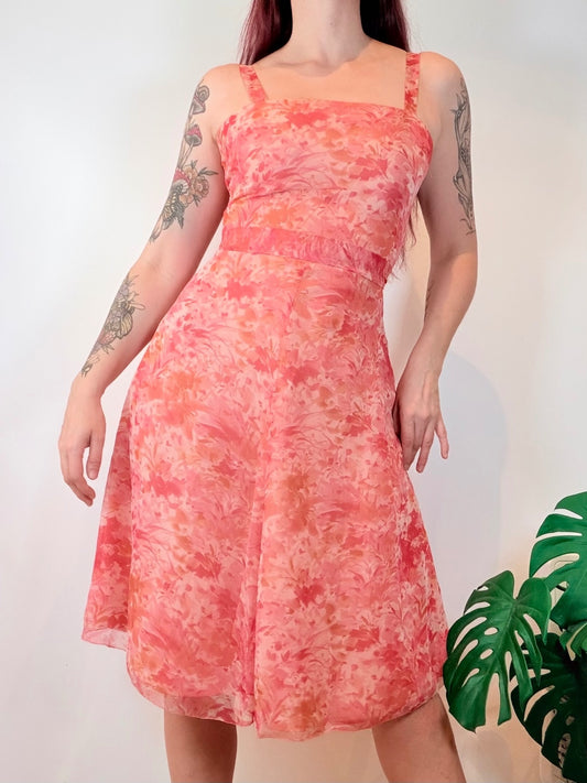 Vintage 1970s Coral Floral Midi Dress with Square Neck and Waist Tie Size 8