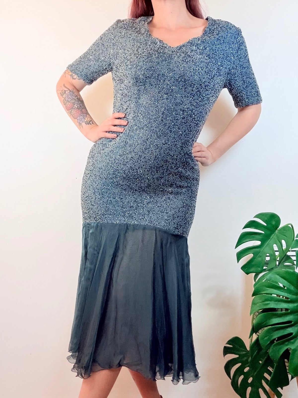 Vintage 1980s Cocktail Dress Beaded Embroidered and Sheer Flared Hem Size 14