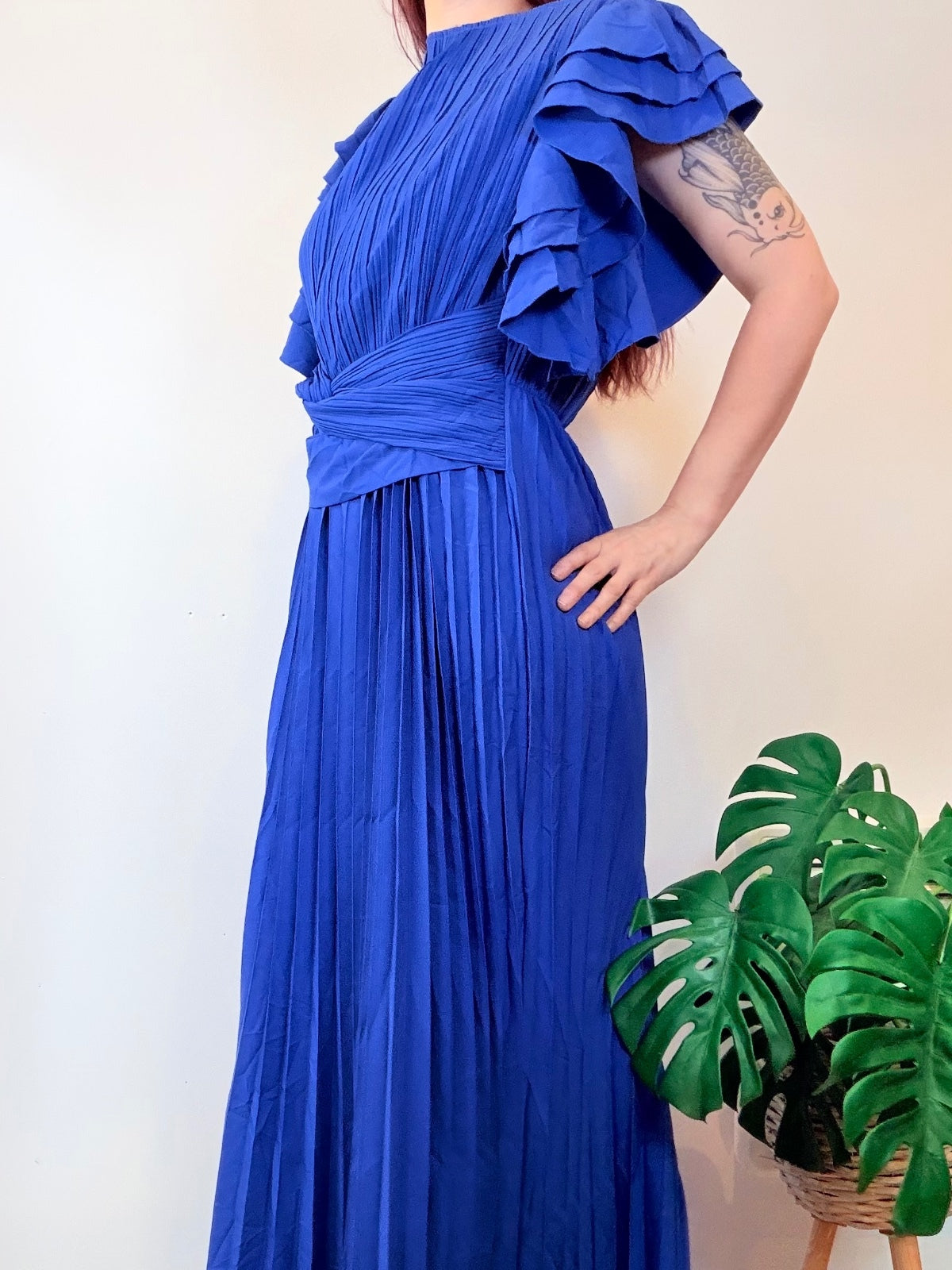Vintage 1980s Maxi Dress with Pleated Flared Sleeves and Waist Detail Size 14