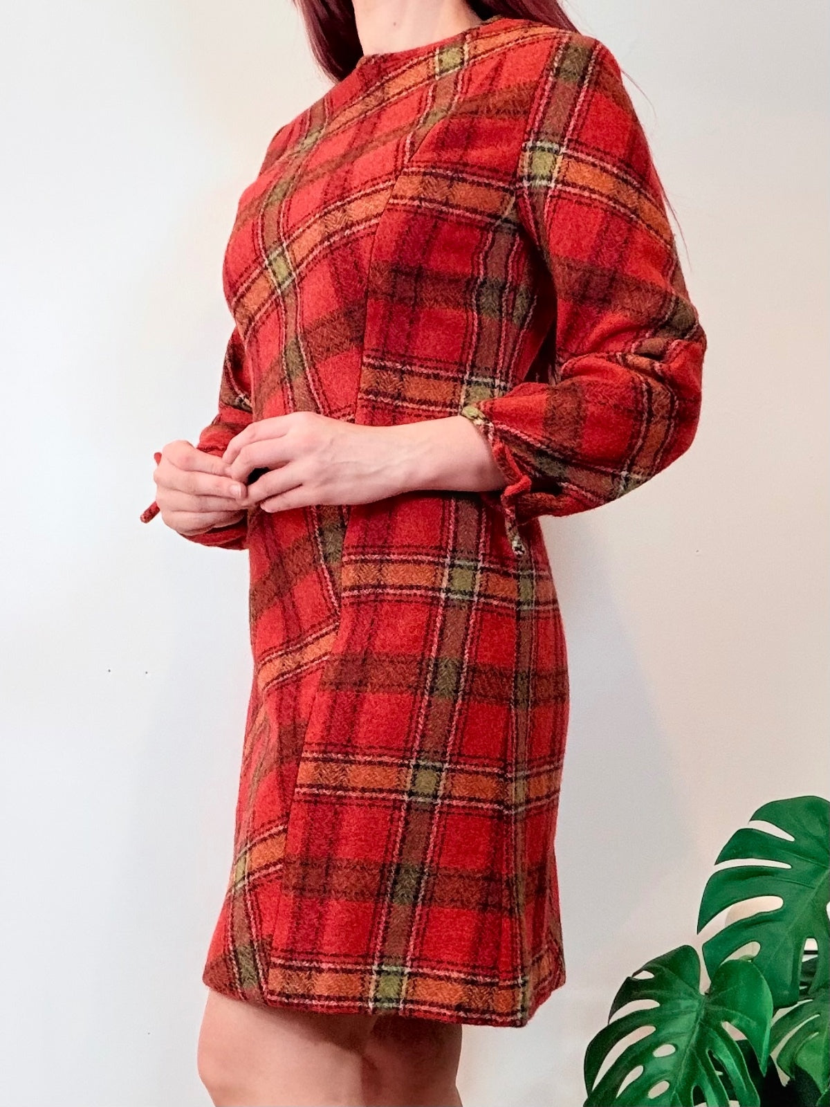 Vintage1970s Tartan Dress Red Plaid Wool With tie Cuff Sleeves Size 12 to 14