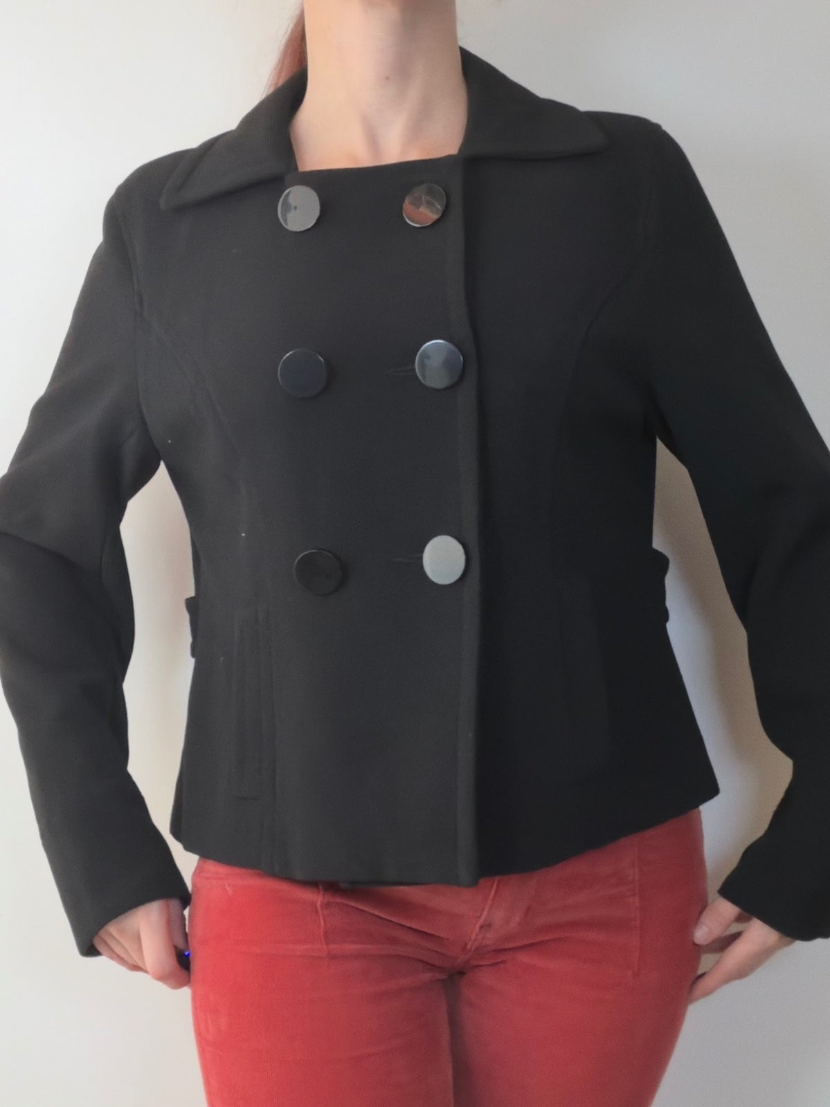 Black Cropped Coat Double Breasted Jacket Retro 60s Style Button Detail Size 16