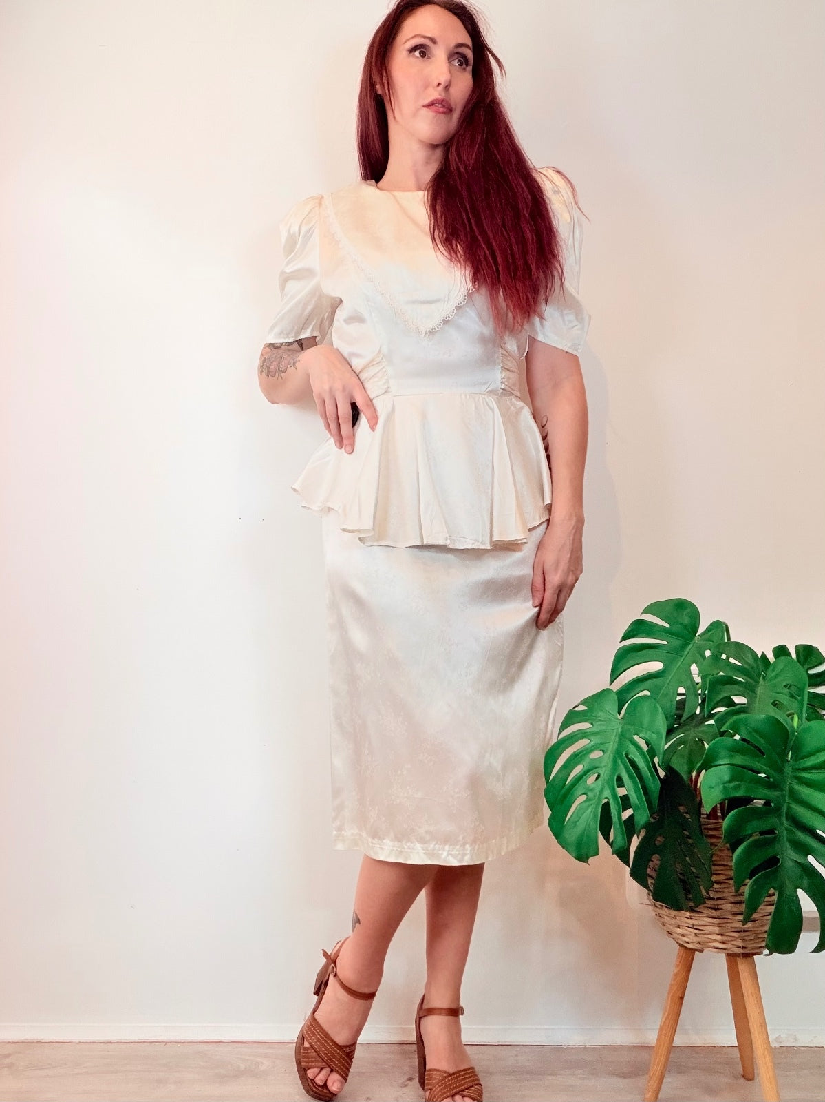 Vintage 1980s Cocktail Dress Cream Satin Peplum Dress with Bow Back Size 10