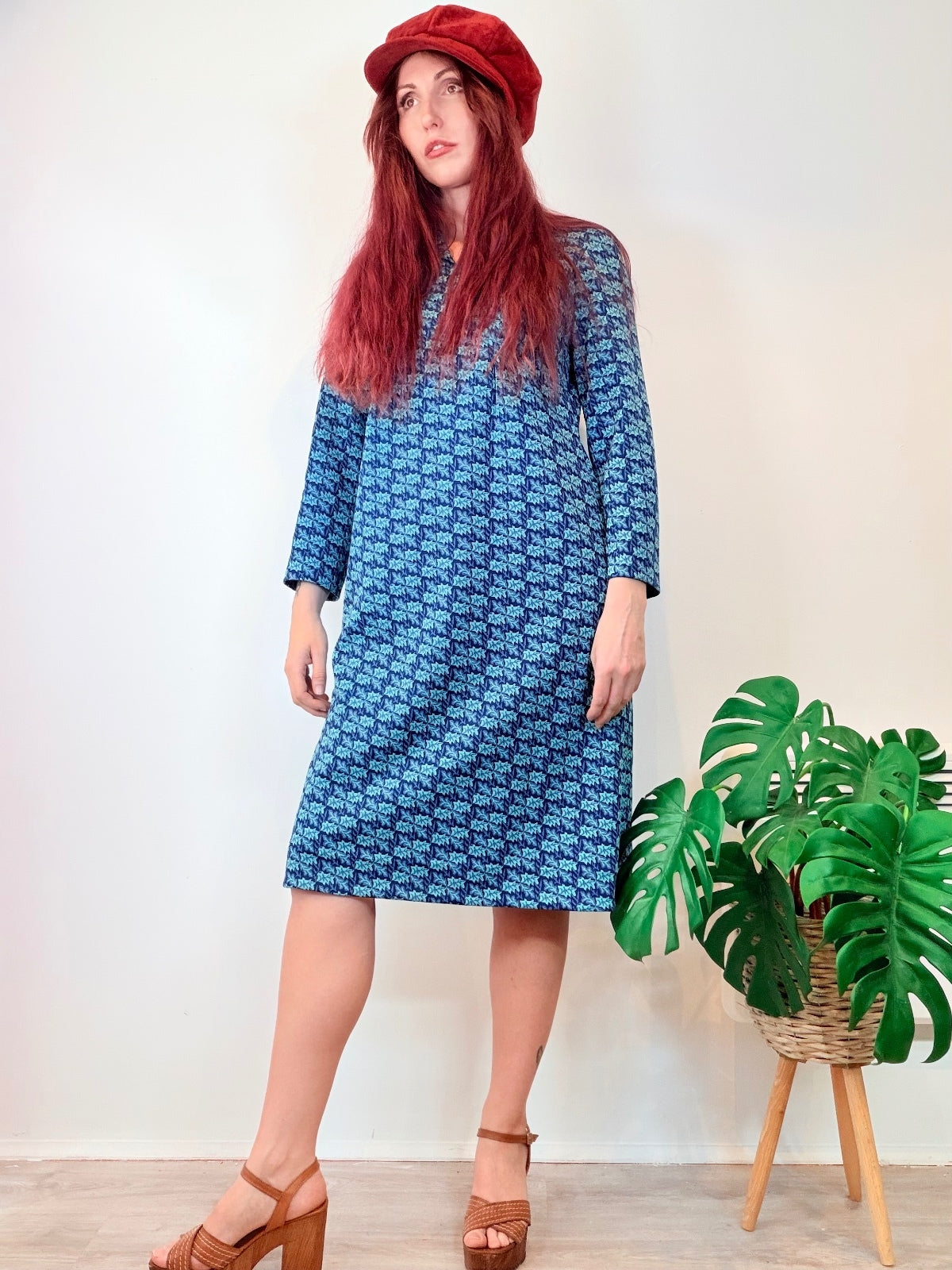 Vintage 1960s Shirt Dress Blue Patterned Long Sleeve Dress Size 16