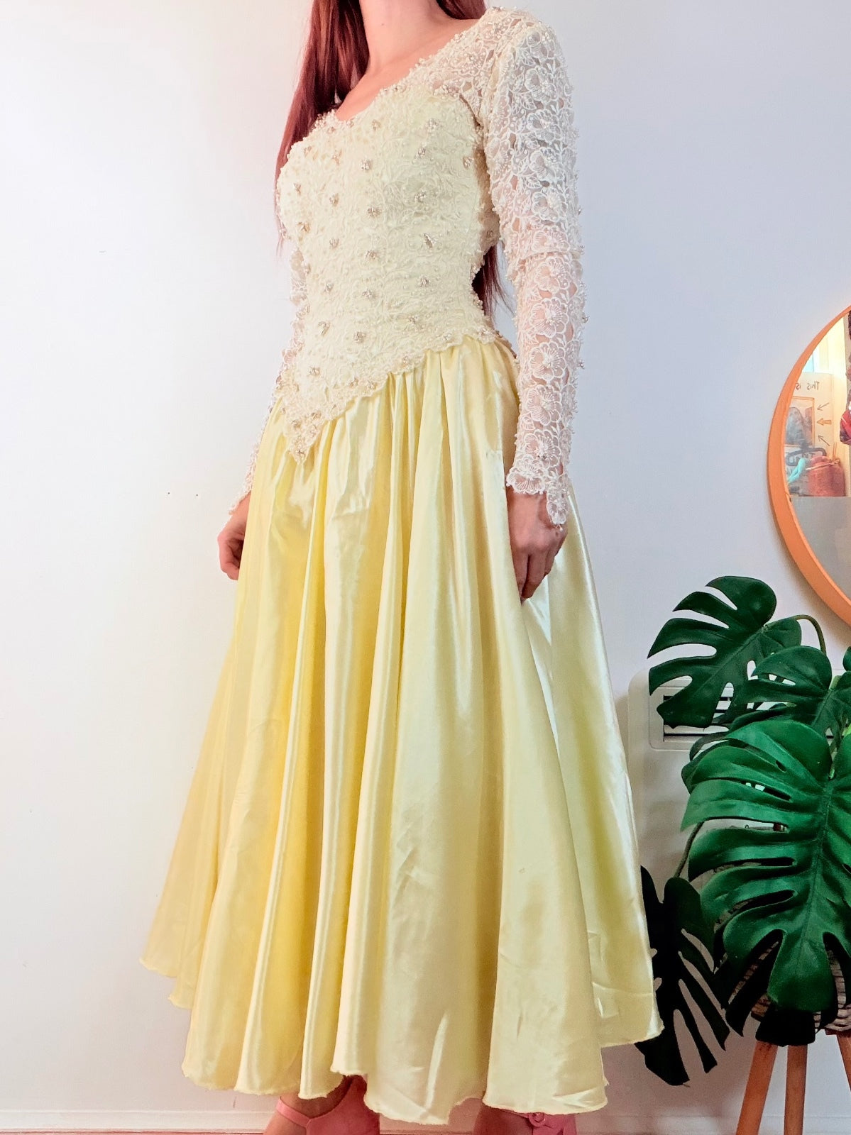 Vintage 1990s Cocktail Dress Lace Beaded Bridal Prom Gown Size 8 Yellow Satin