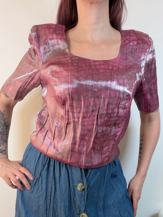 Vintage 1980s Blouse Shiny Pink Crocodile Patterned Top with Square Neck Size 16