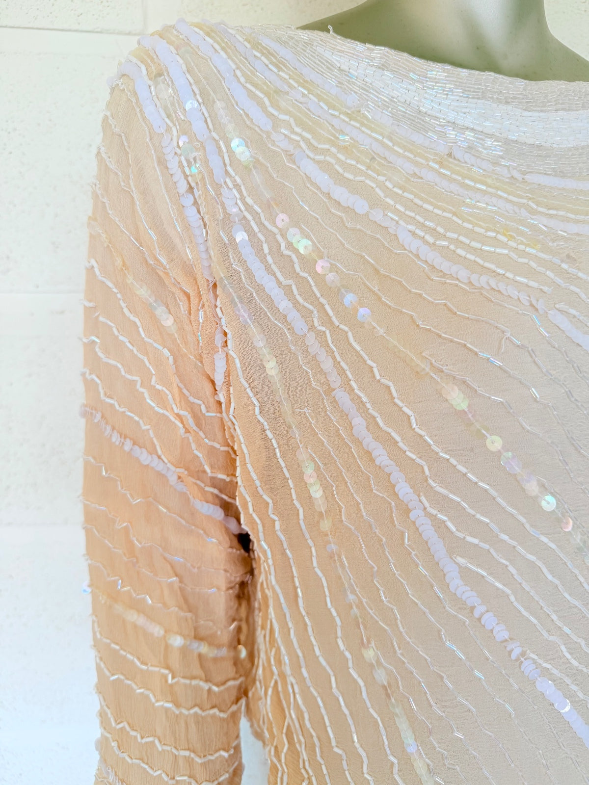 Vintage 1980s Beaded Top 100% Silk Beige Sequin Embellished 3/4 Sleeve Top 10 12