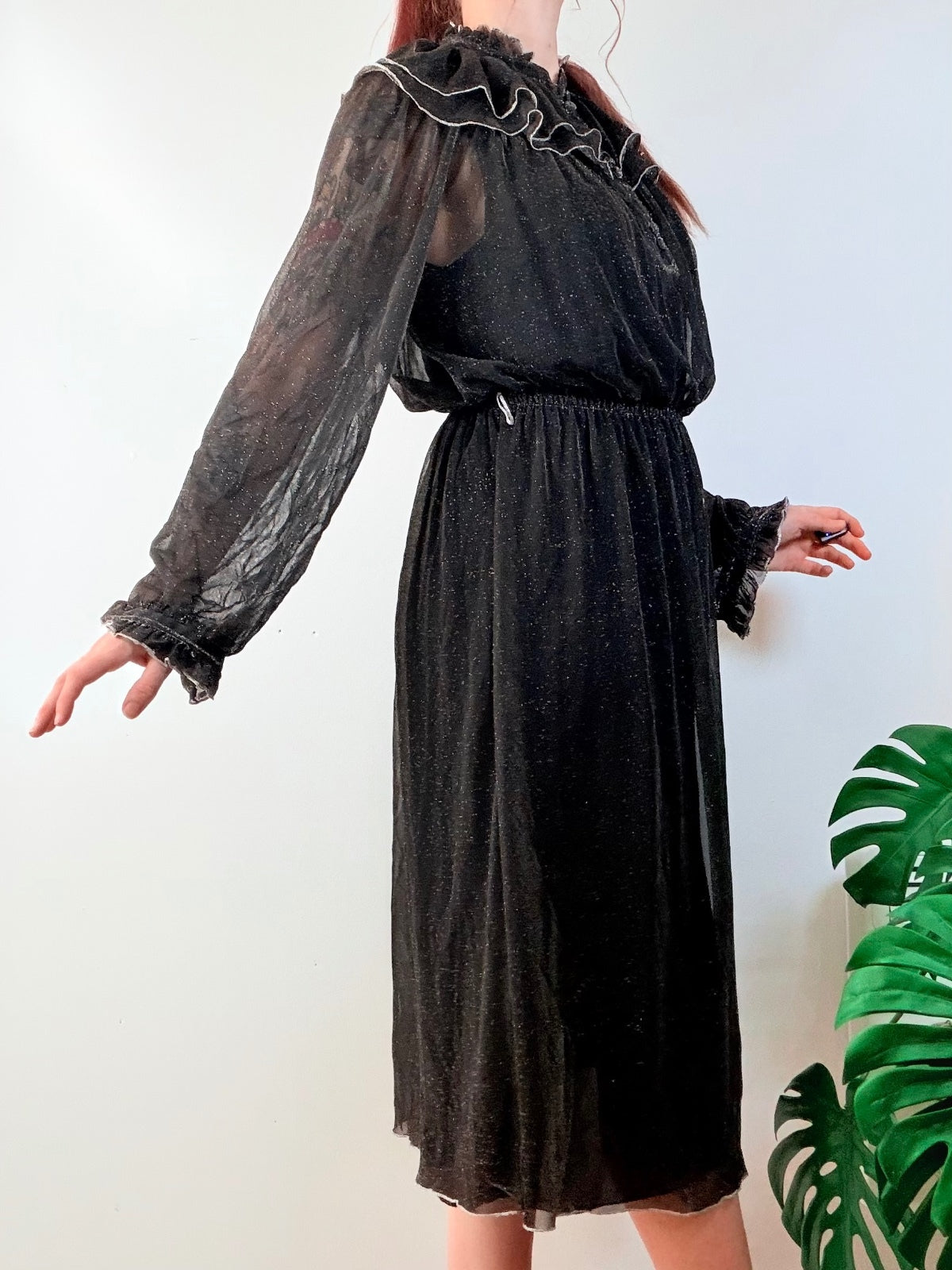 Vintage 1980s Party Dress Black Sheer Ruffle Midi Dress with Sparkle Size 12