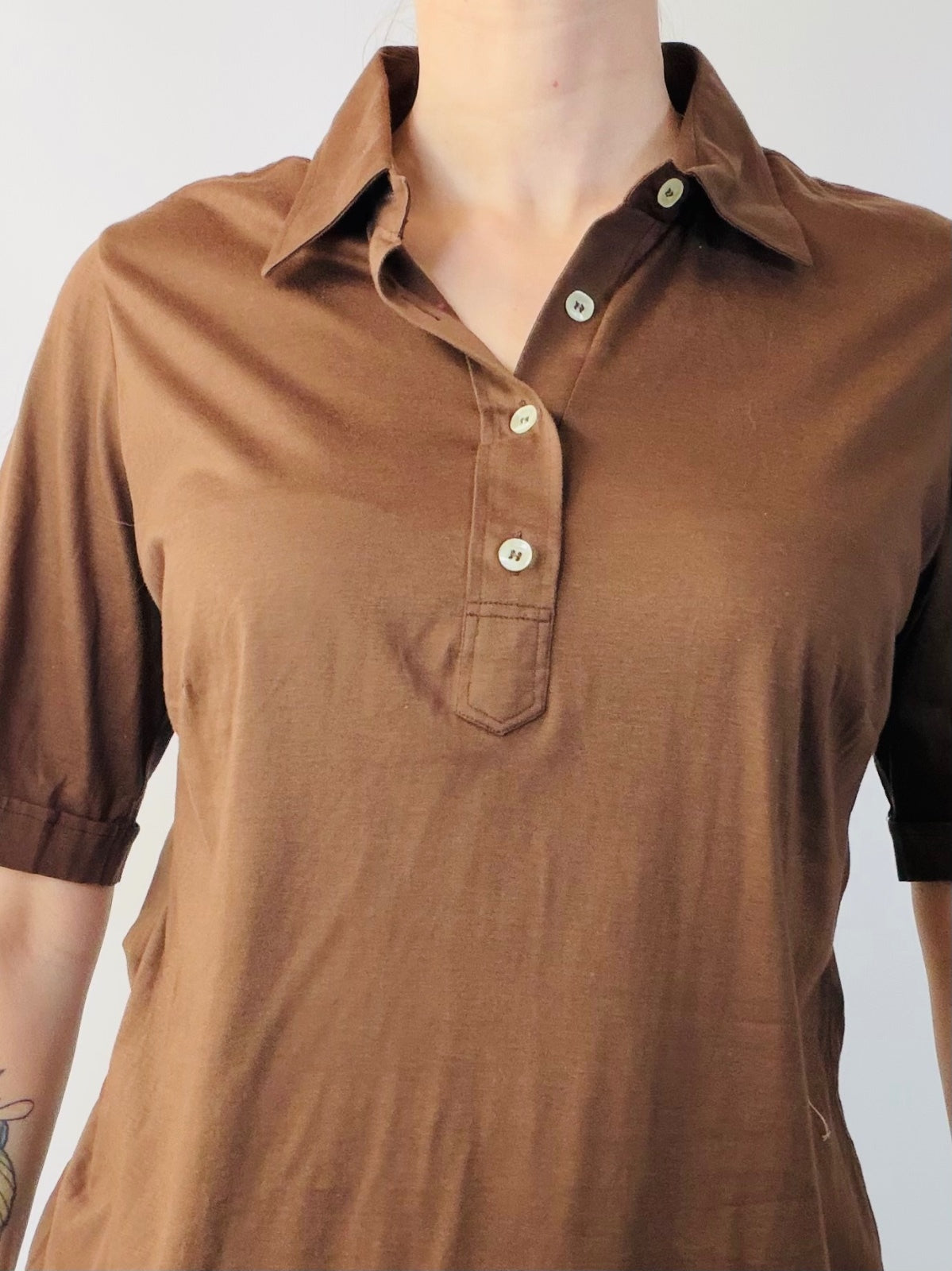 Vintage 1970s Polo Shirt Single Stitch Brown Retro Cotton T-shirt Size 14 to 16