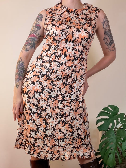 Vintage 1970s Floral Dress Sleeveless Midi Dress with Ruffle Hem Size 14
