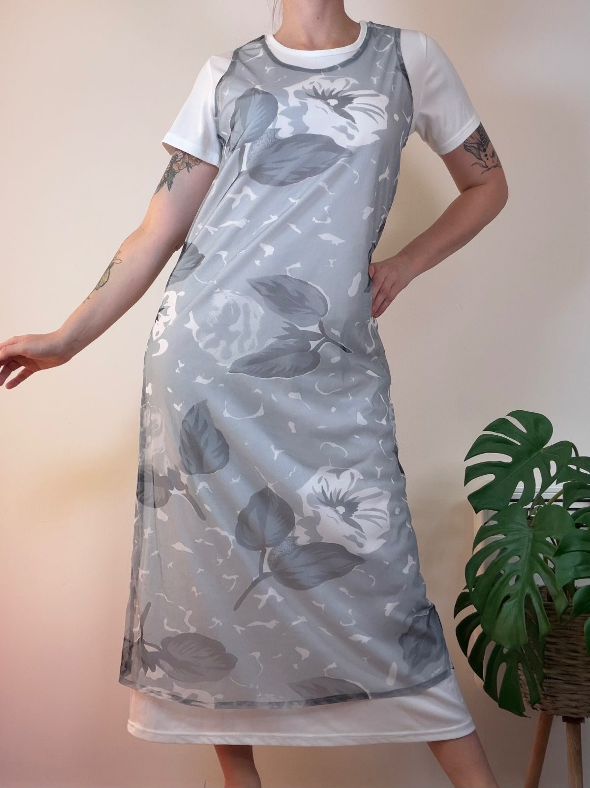 Layered Floral Maxi Dress with Sheer Overlay Grey White Y2K Style Size 14