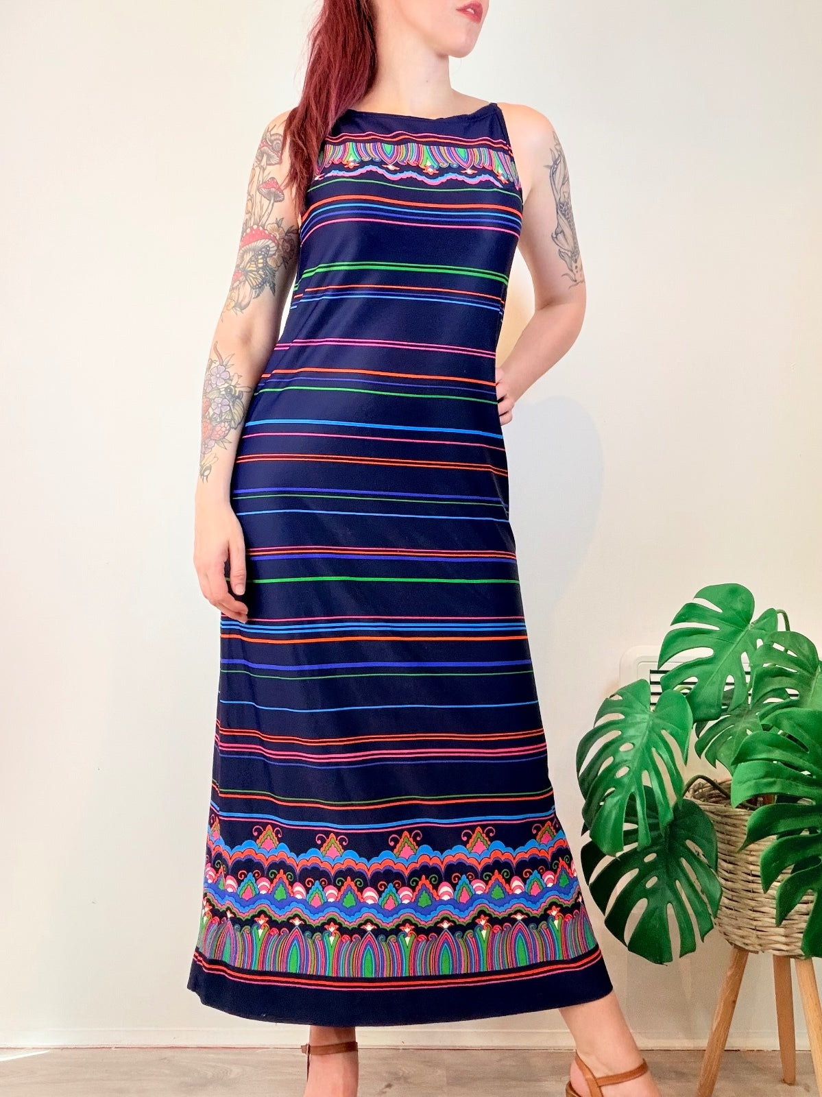 Vintage 1970s Maxi Dress Blue with Stripes and Psychedelic Pattern Size 12