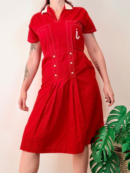 Vintage 1990s Shirt Dress Red Cotton Midi with Pleated Skirt and Collar Size 12