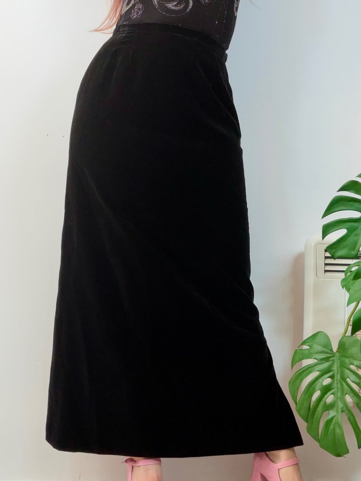 Vintage 1970s Whimsigoth Skirt Long Black Velvet Maxi Skirt Side Slit Size 12