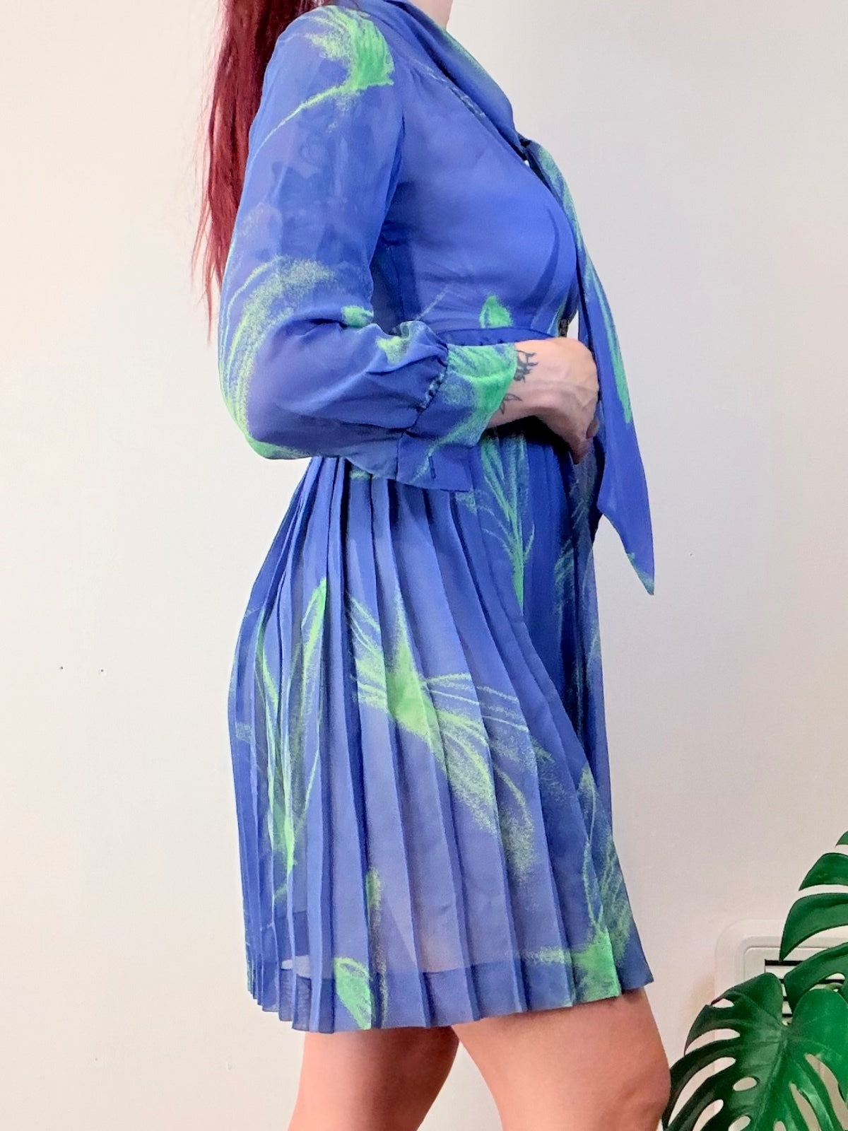 Vintage 1980s Shirt Dress Sheer Blue & Green Pleated Mini with Tie Neck Size 8