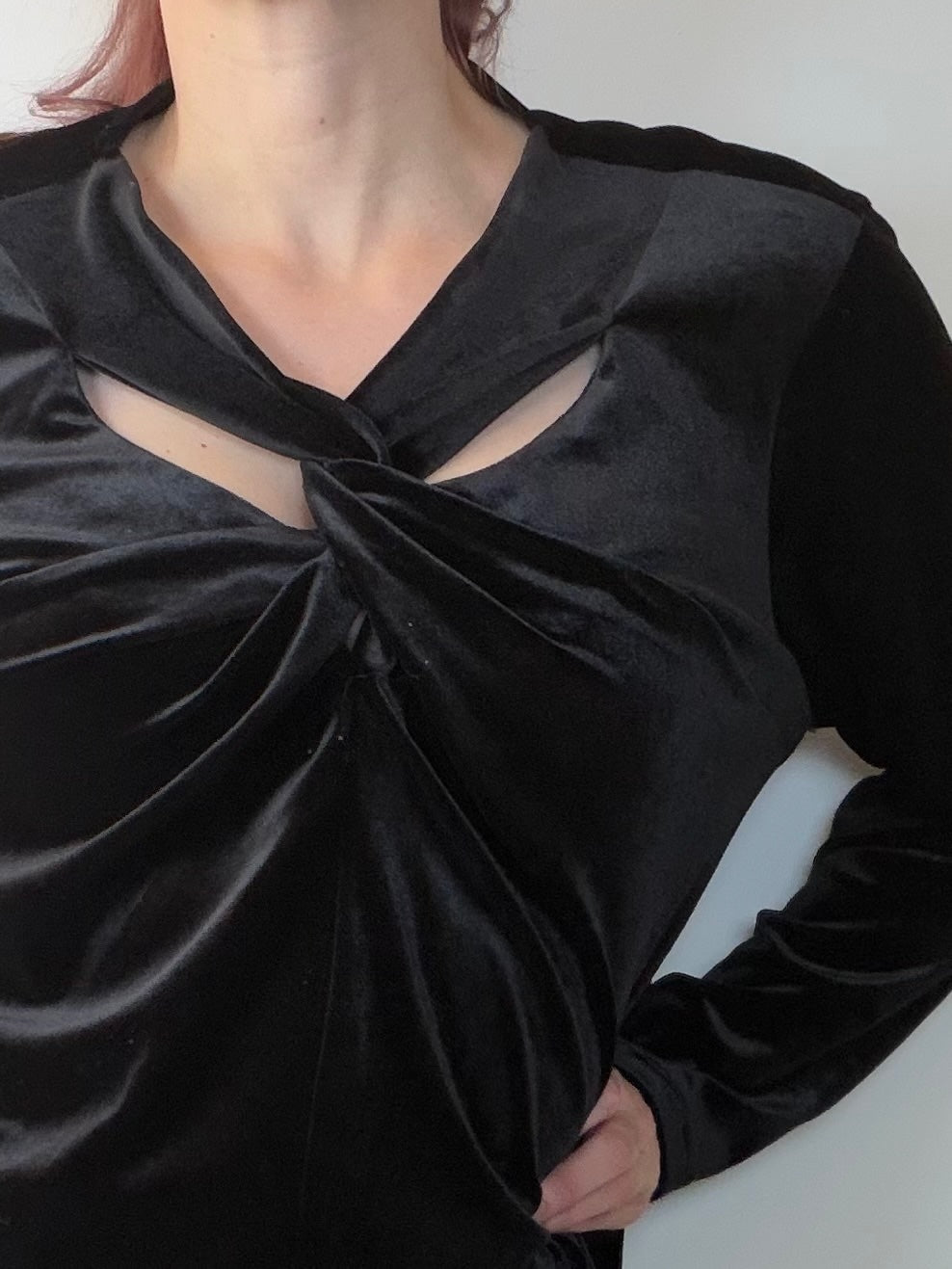 Black Velvet Long Sleeve Top with Twist and Cutout Detail By Anthology Size UK24