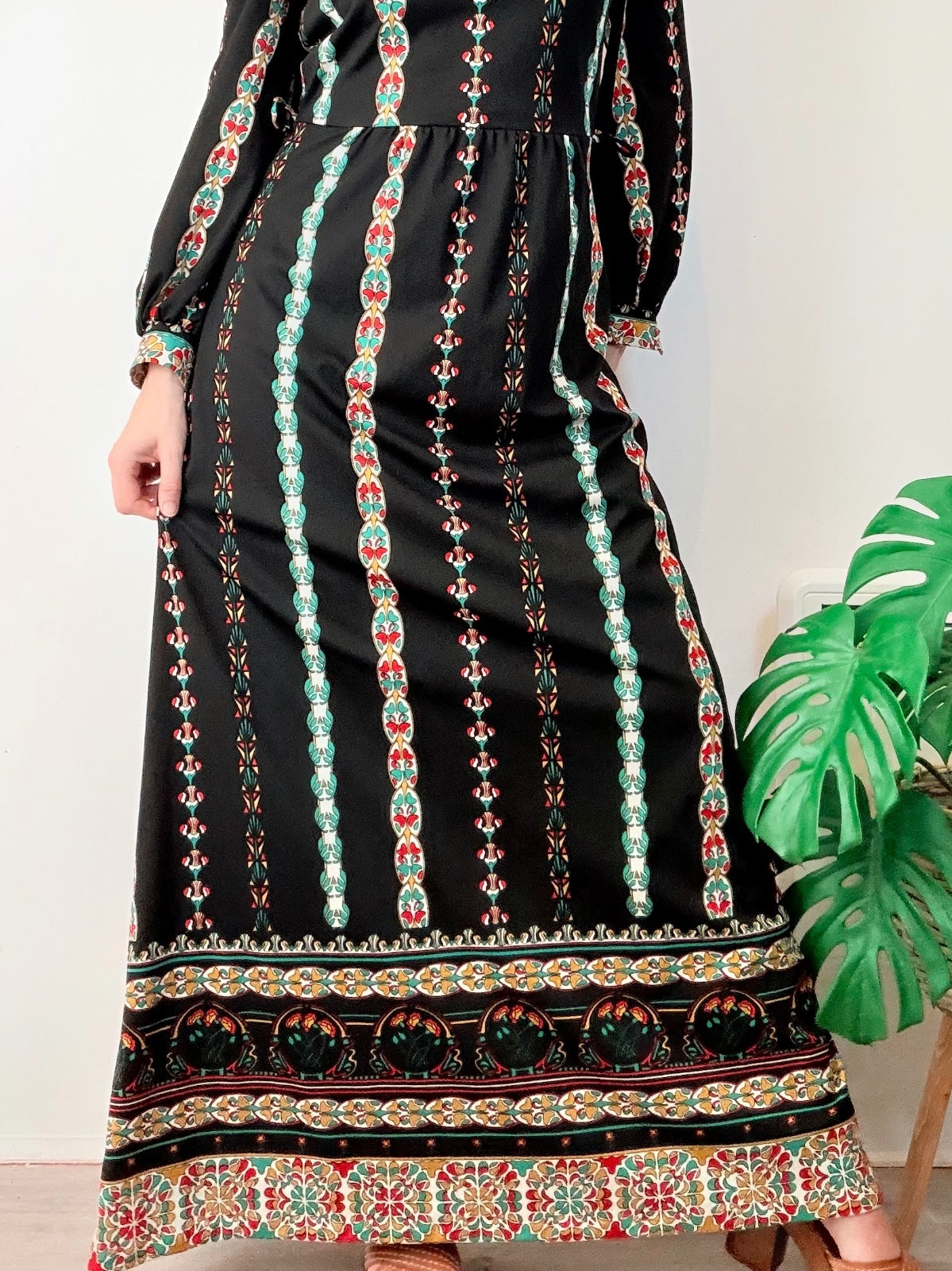 Vintage 1970s Maxi Dress Long Hippie With Stripes and Balloon Sleeves Size 12