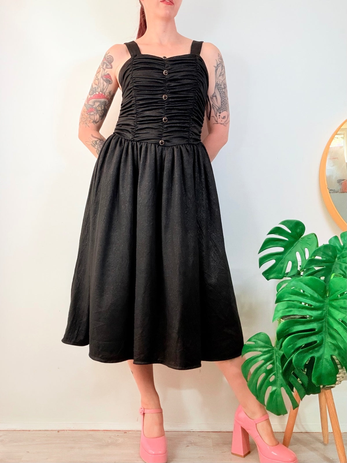 Vintage 1980s Party Dress Black Ruched Midi A Line with Button Front Size 10 12