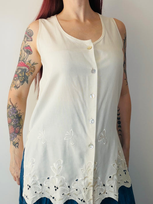Vintage 1990s Cottagecore Blouse Sleeveless Tunic with Embroidered Hem Size 12