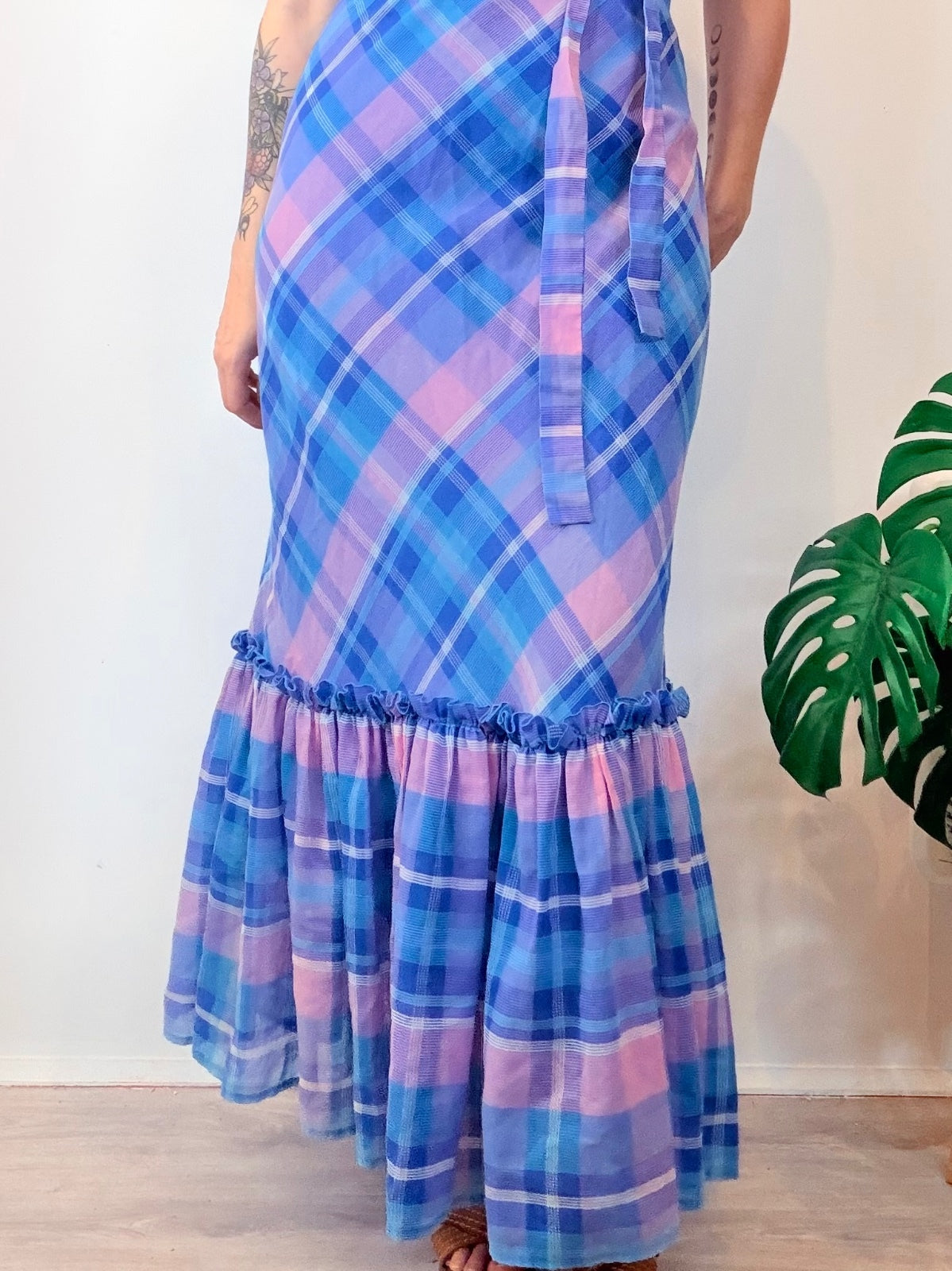 Vintage 1960s Prairie Dress Blue Pink Plaid Maxi Dress with Ruffles size 8 10