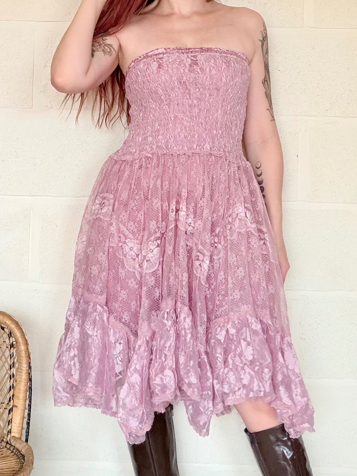 Boho lace summer dress Strapless Pink layered frilly fairycore dress size 8 10