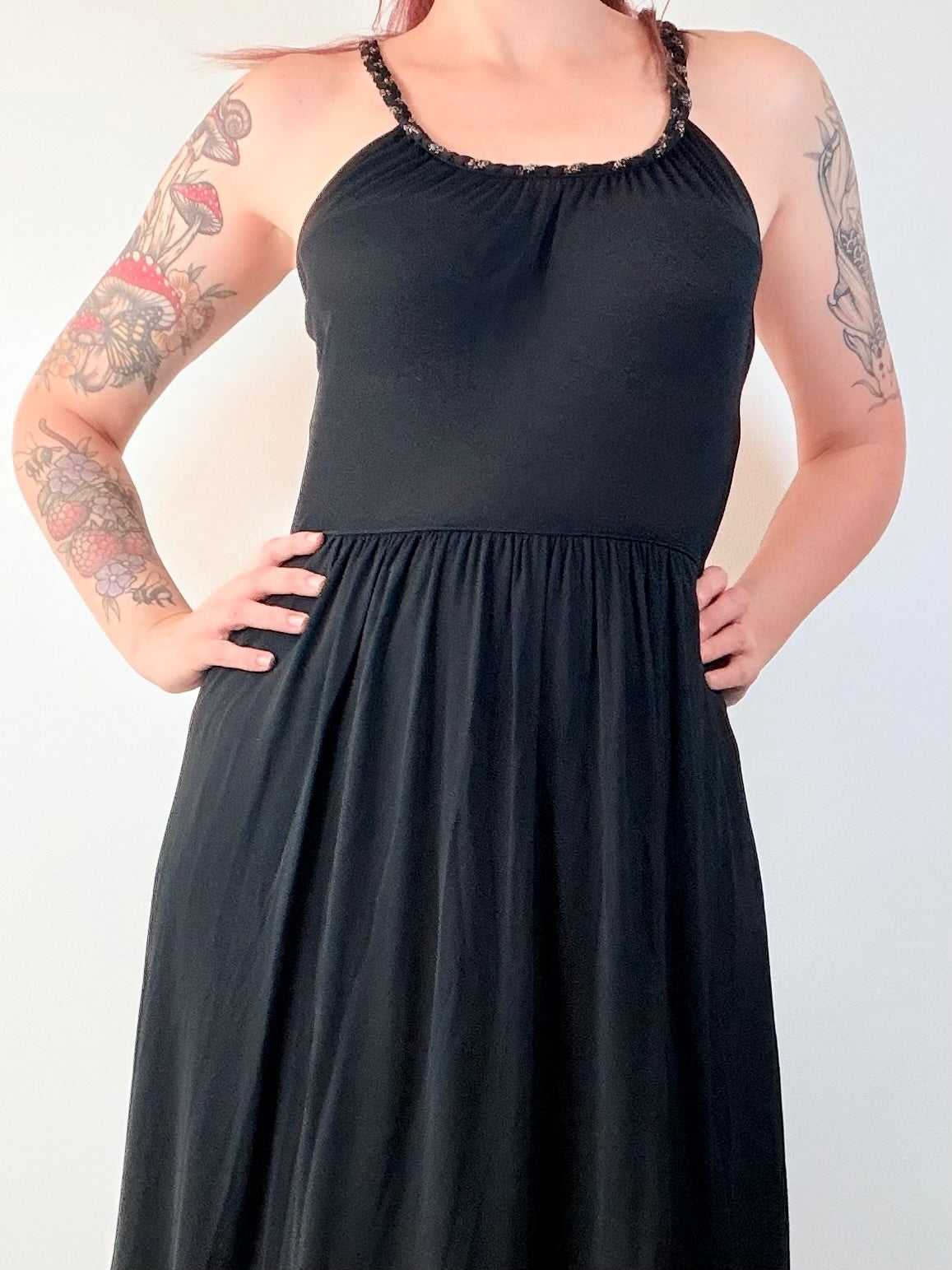 Vintage 1970s Maxi Dress Black Retro Party Dress with Glitter Stripes Size 10