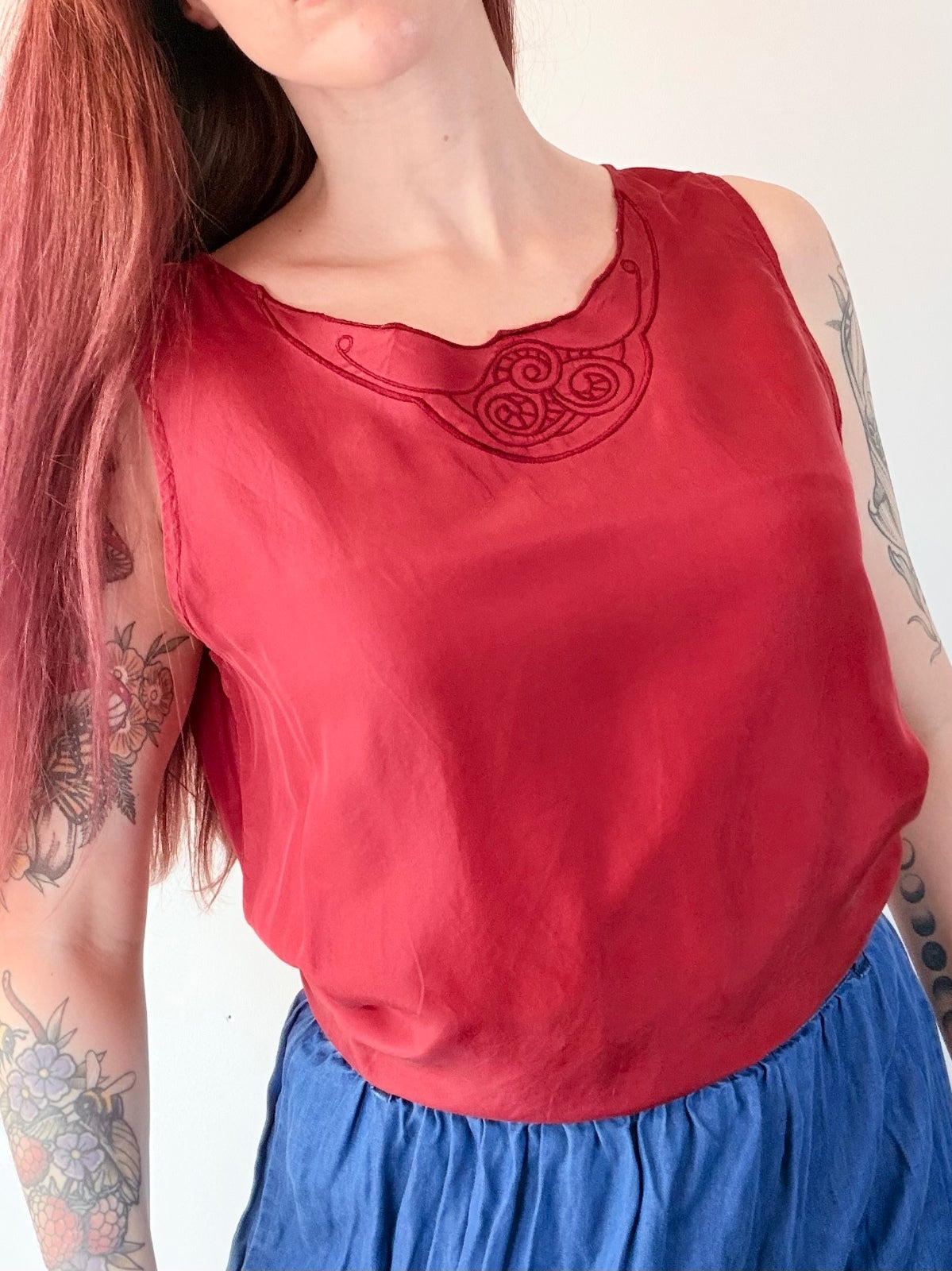 Vintage 1990s Silk Blouse Red Sleeveless Top with Embroidered Neckline Size 14