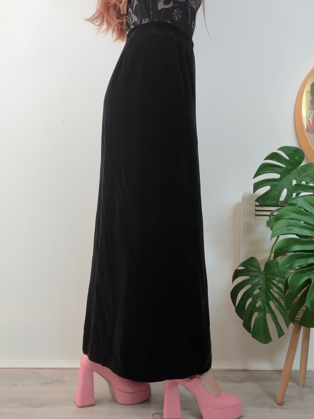 Vintage 1970s Whimsigoth Skirt Long Black Velvet Maxi Skirt Side Slit Size 12