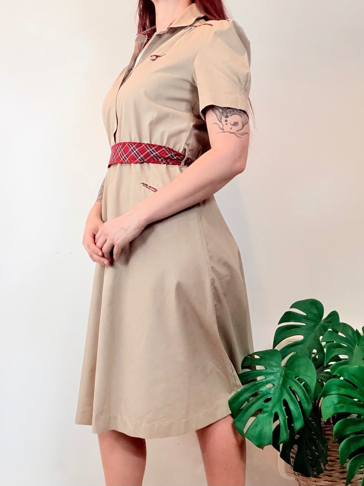 Vintage 1980s Shirt Dress Beige Military Dress with Red Plaid Detail Size 10 12
