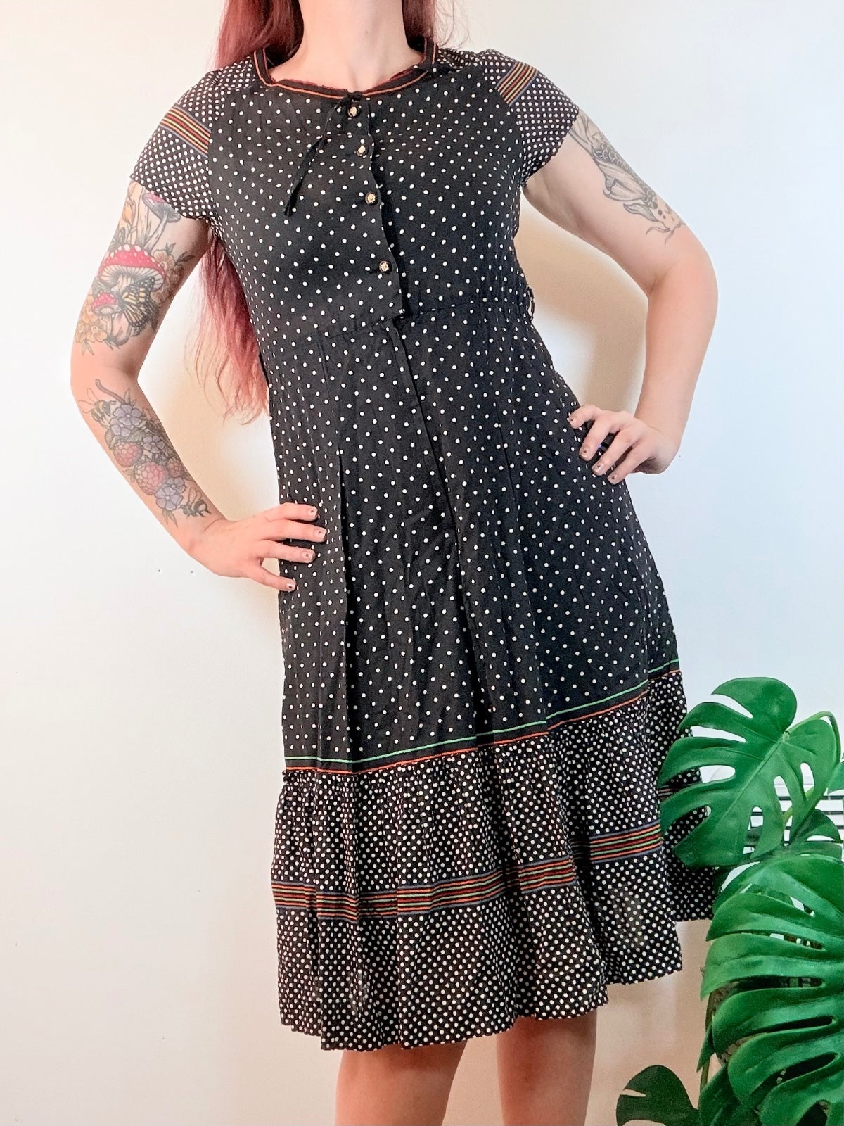 Vintage 1970s shirt Dress Black Polka Dot Midi Dress with Button Detail Size 10