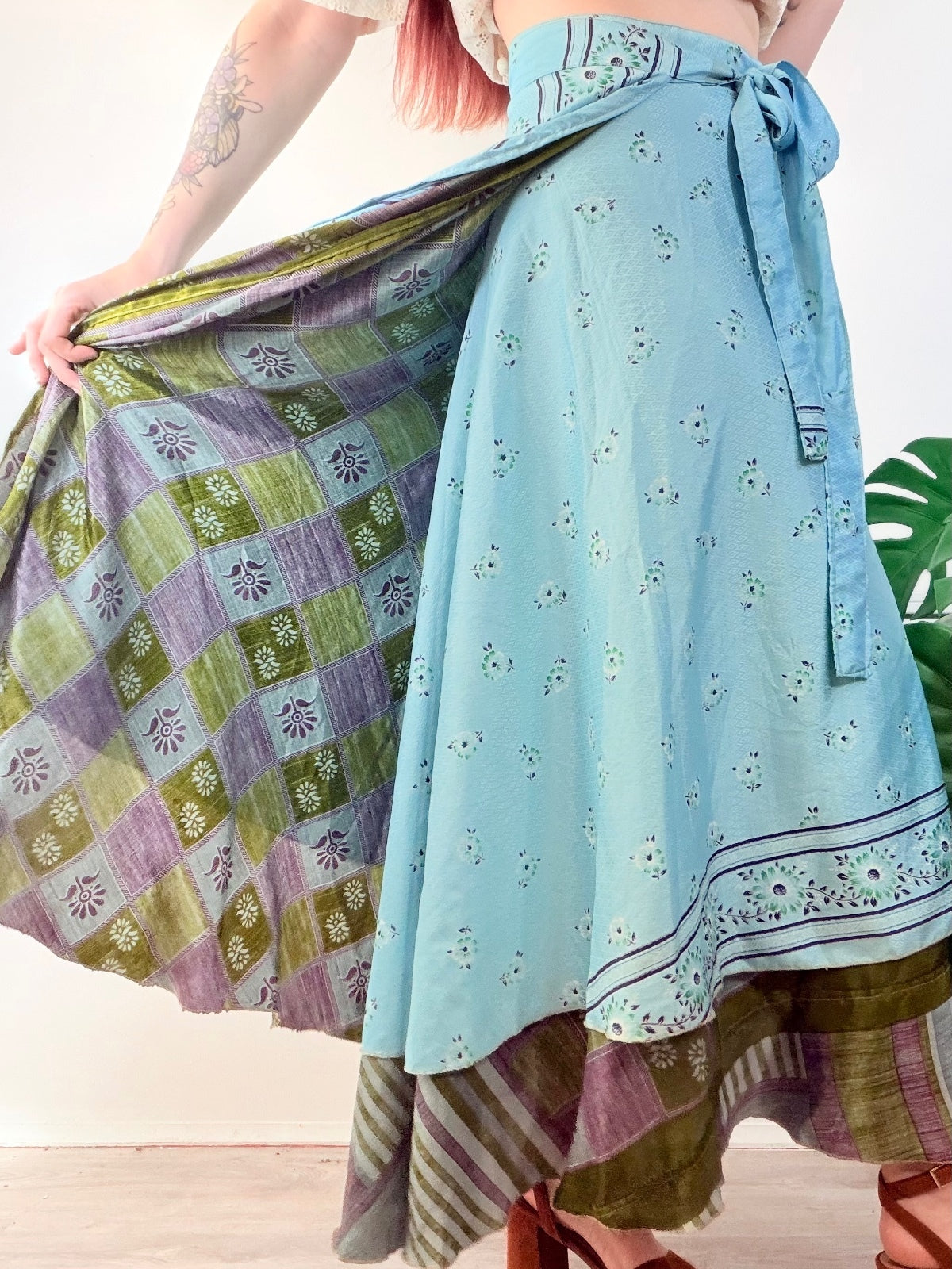 Bohemian Two Layer Wrap Skirt in Blue and Green Handmade Sari Rework free size