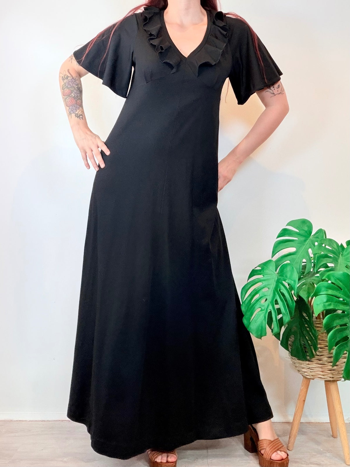 Vintage 1970s Black Maxi Dress with Ruffled V Neck and Flutter Sleeves Size 14