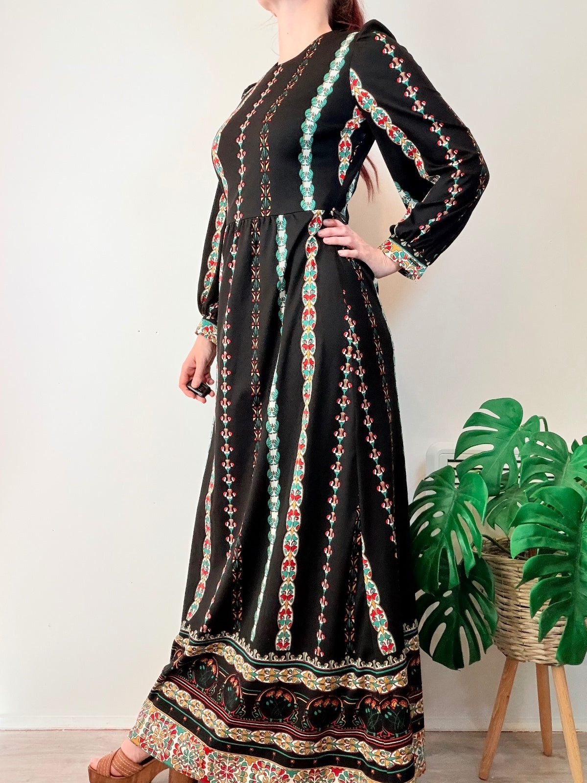 Vintage 1970s Maxi Dress Long Hippie With Stripes and Balloon Sleeves Size 12