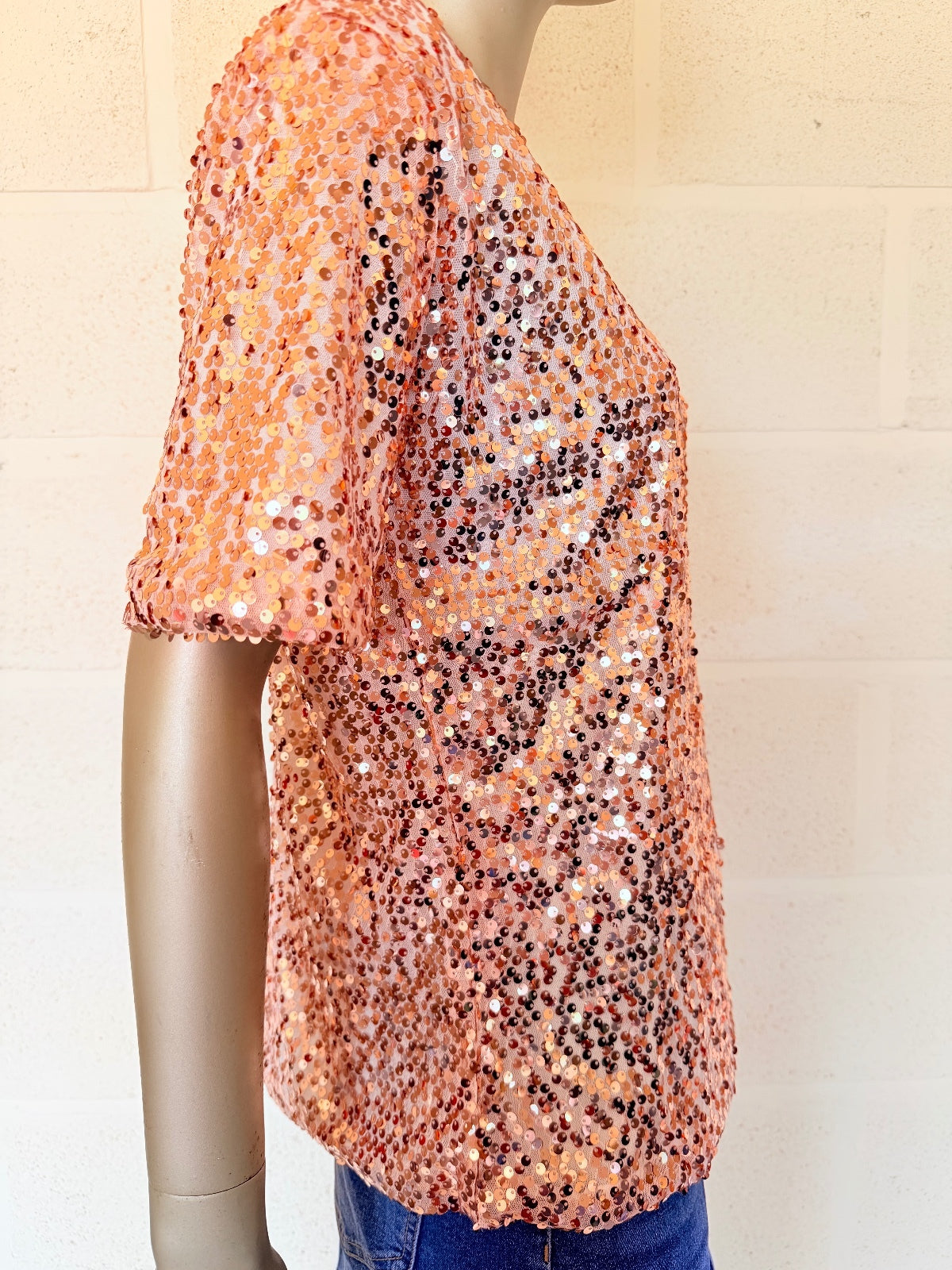 Gold Sequin Top Embellished Short Sleeve Party Festival T shirt Size 14 to 16