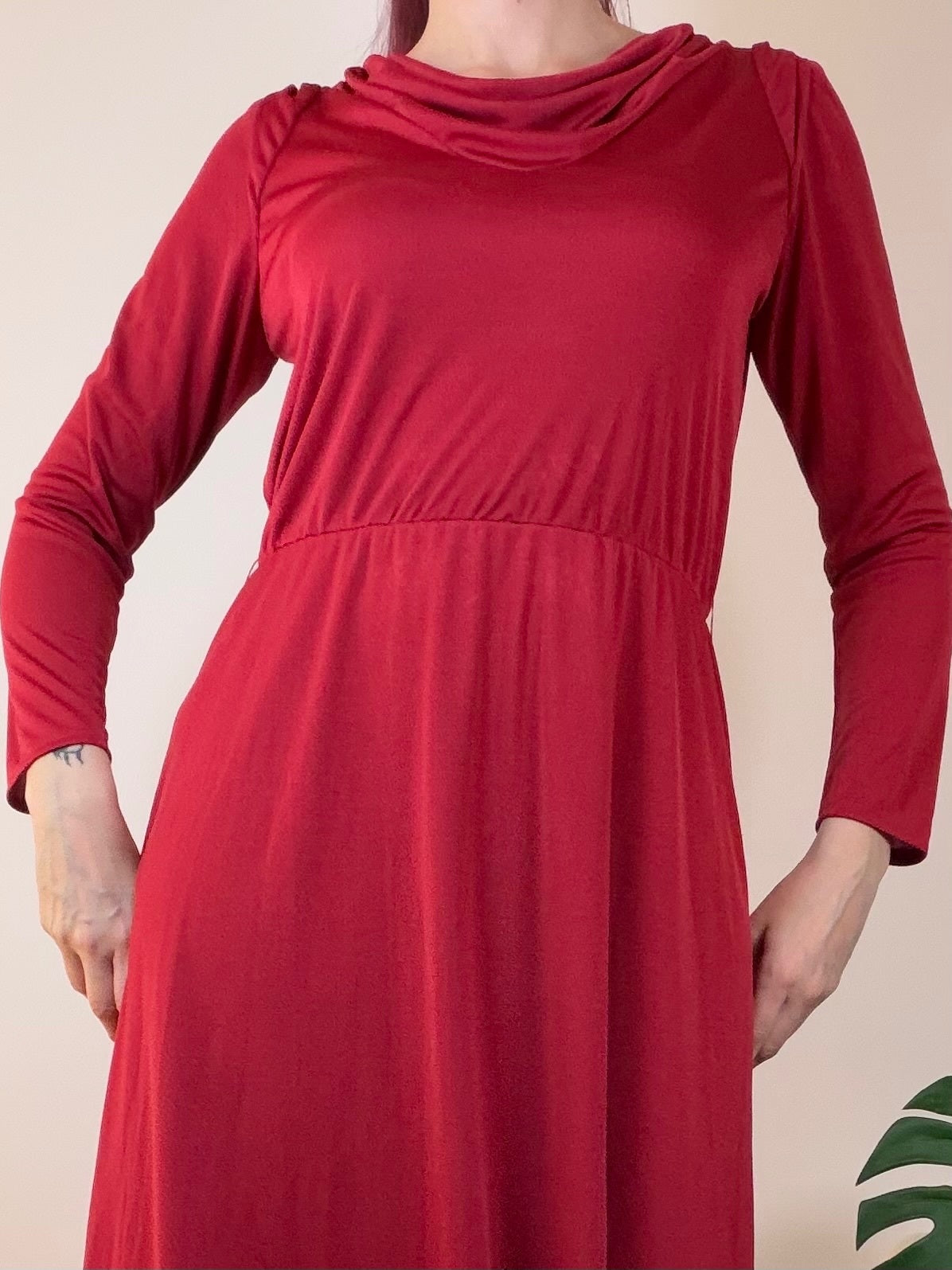 Vintage Red Midi Dress with Long Sleeves and Draped Neckline size 16