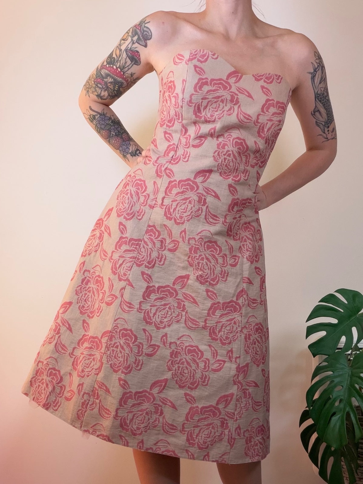 Strapless Floral Midi Dress with Pink Roses on Beige By Roman Size 14