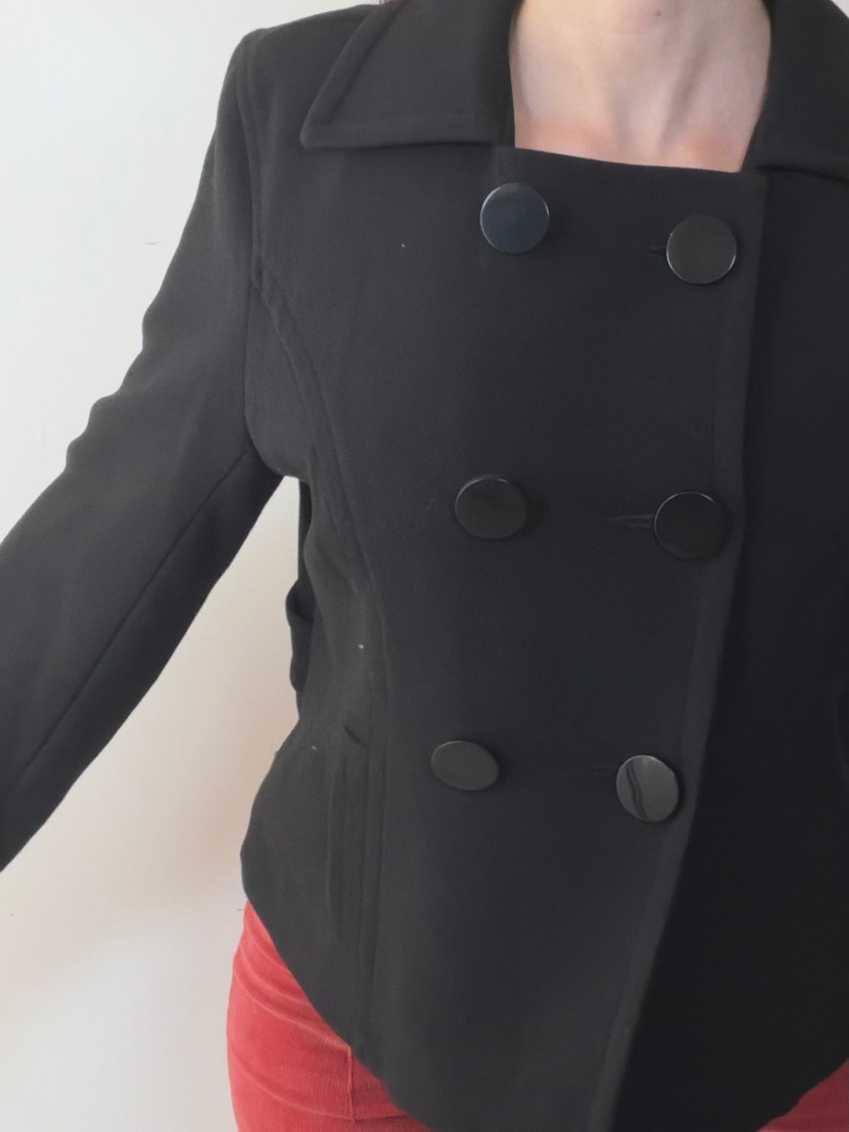 Black Cropped Coat Double Breasted Jacket Retro 60s Style Button Detail Size 16