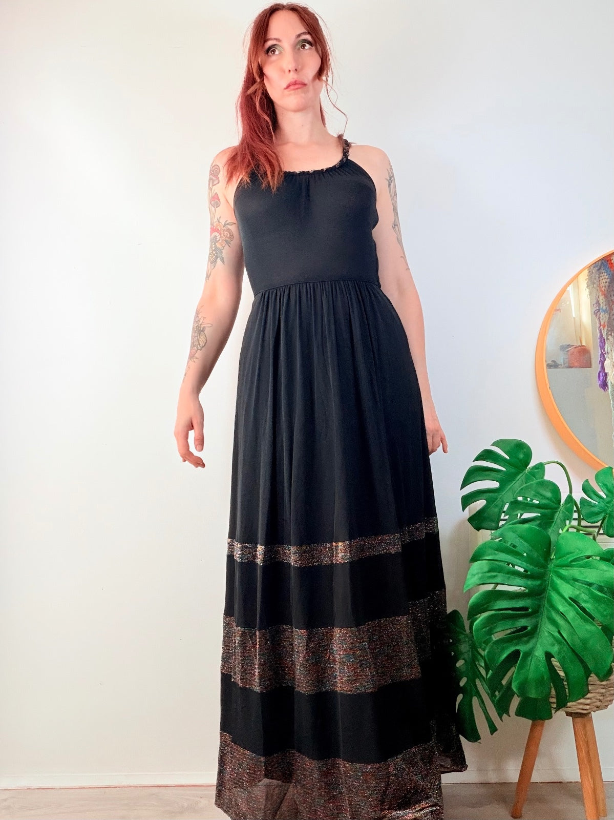 Vintage 1970s Maxi Dress Black Retro Party Dress with Glitter Stripes Size 10